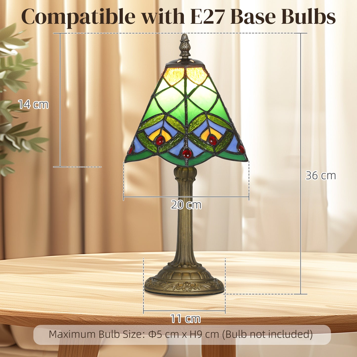 HOMCOM Tiffany Style Table Lamp Geometric Patterns Handcrafted Antique Stained Glass Bedside Lamp Green E27 Socket