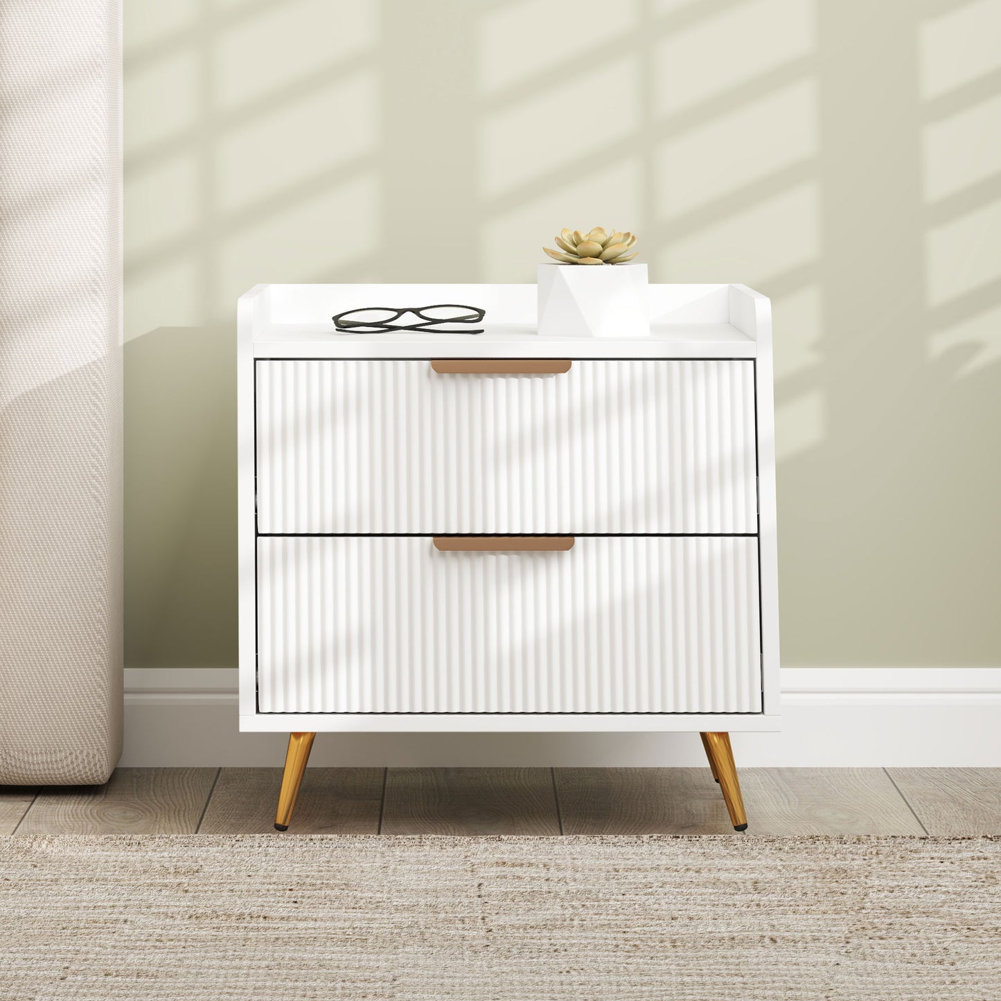 Homcom White Two Drawer Bedside Table With Gold Tone Handles And Flat Top Storage Nightstand