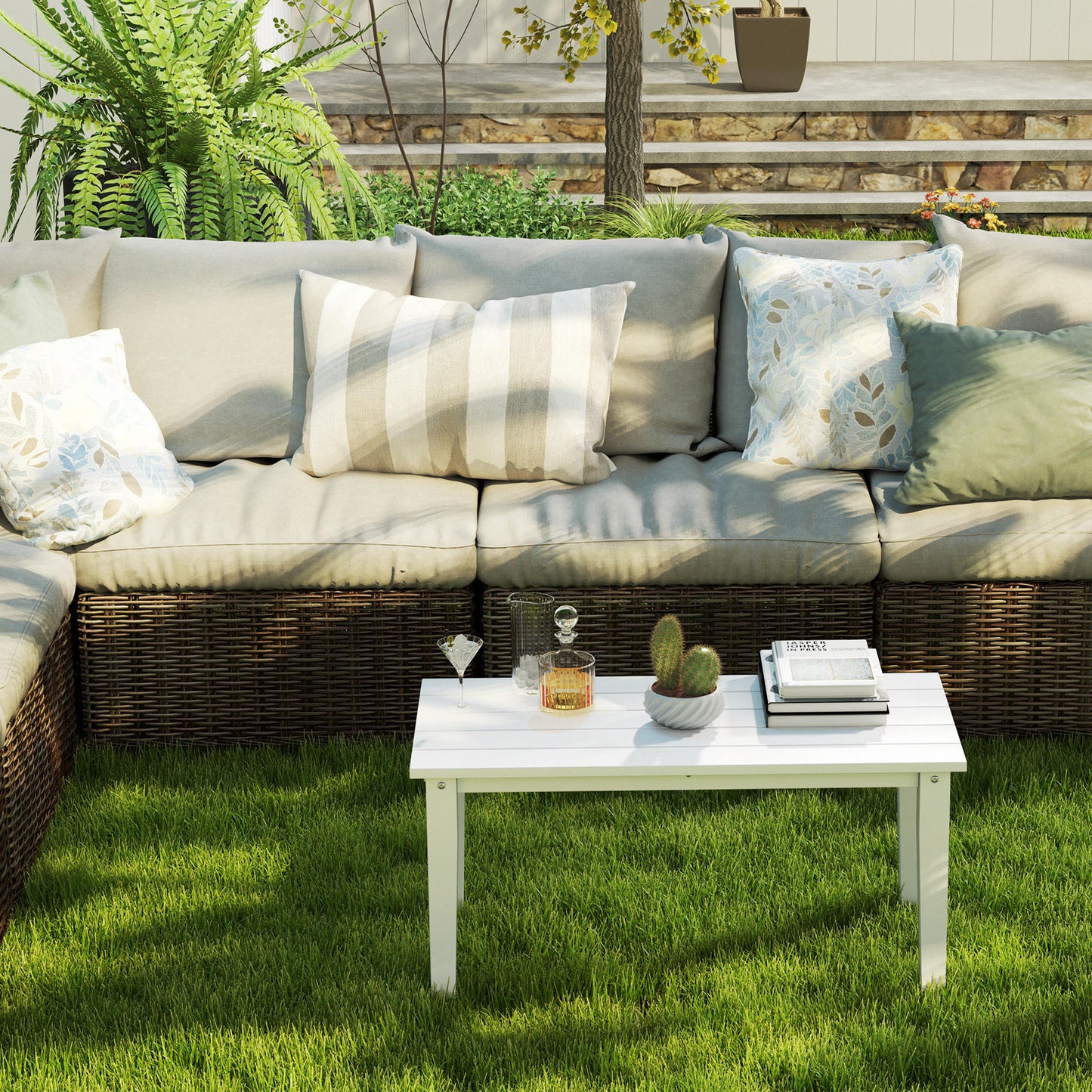Outsunny Outdoor Garden Coffee Table HDPE All Weather Rectangular Slatted Top for Patio Balcony 91 x 44 x 42 cm White