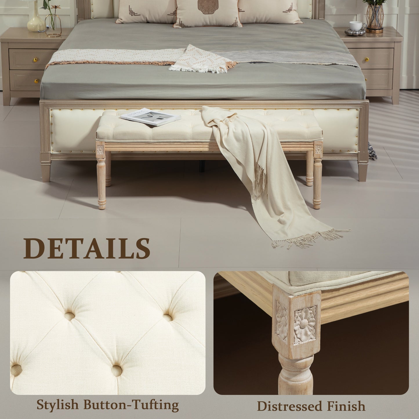 HOMCOM Vintage Wooden Bed End Bench Cream White With Button Tufted Top And Distressed Wood Frame