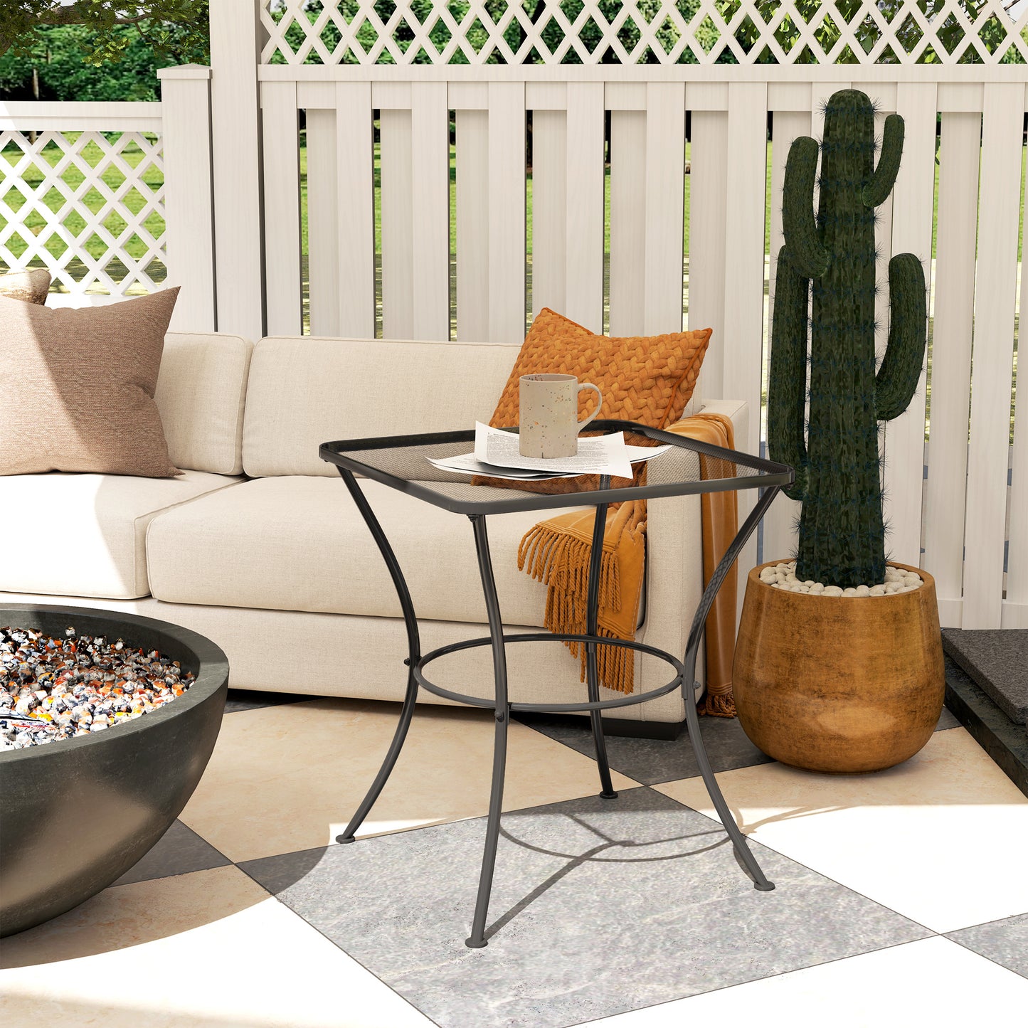 Outsunny 60cm Square Garden Table Outdoor Metal Bistro Side Desk With Mesh Top Black