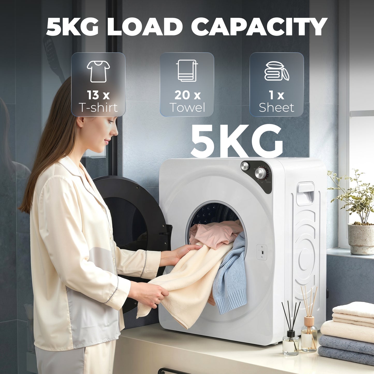 HOMCOM 5kg Vented Tumble Dryer 1000W Compact Smart Drying Freestanding Stackable Clothes Dryer