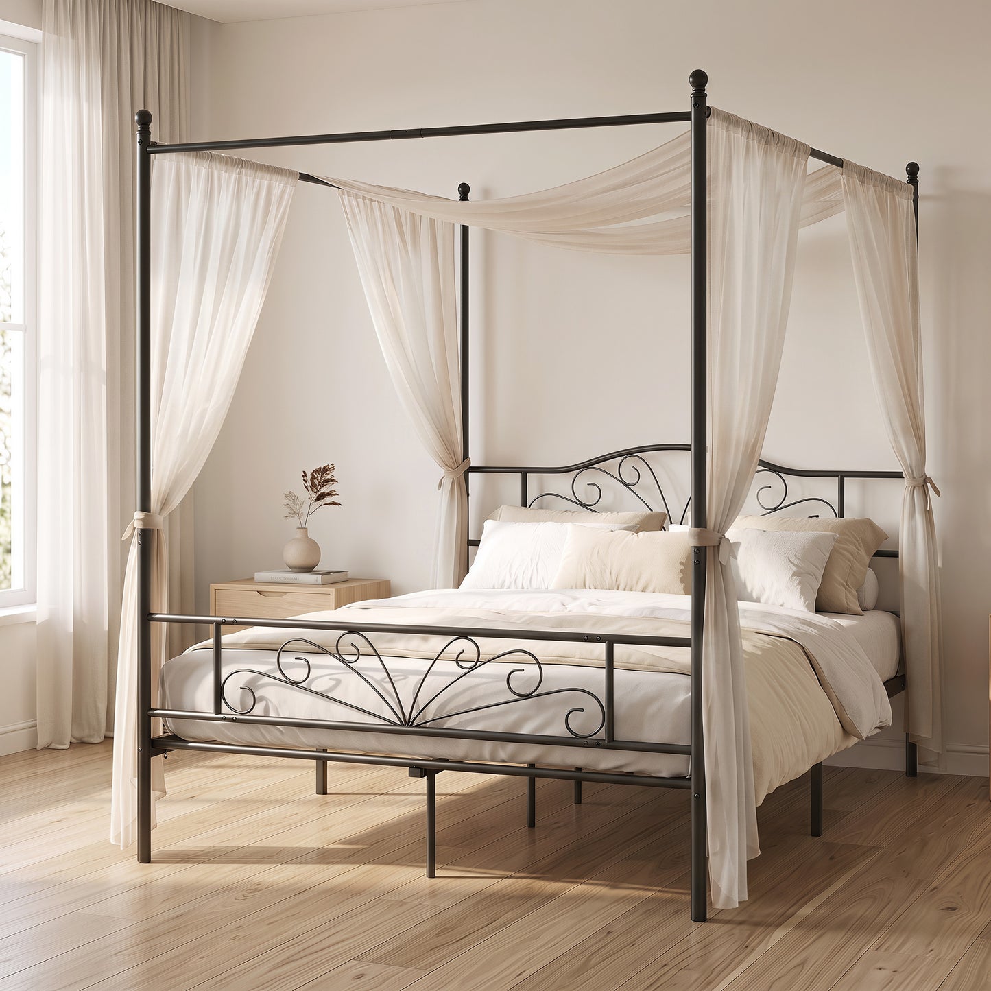 Homcom King Size Metal Platform Bed Frame With Canopy Posts Black