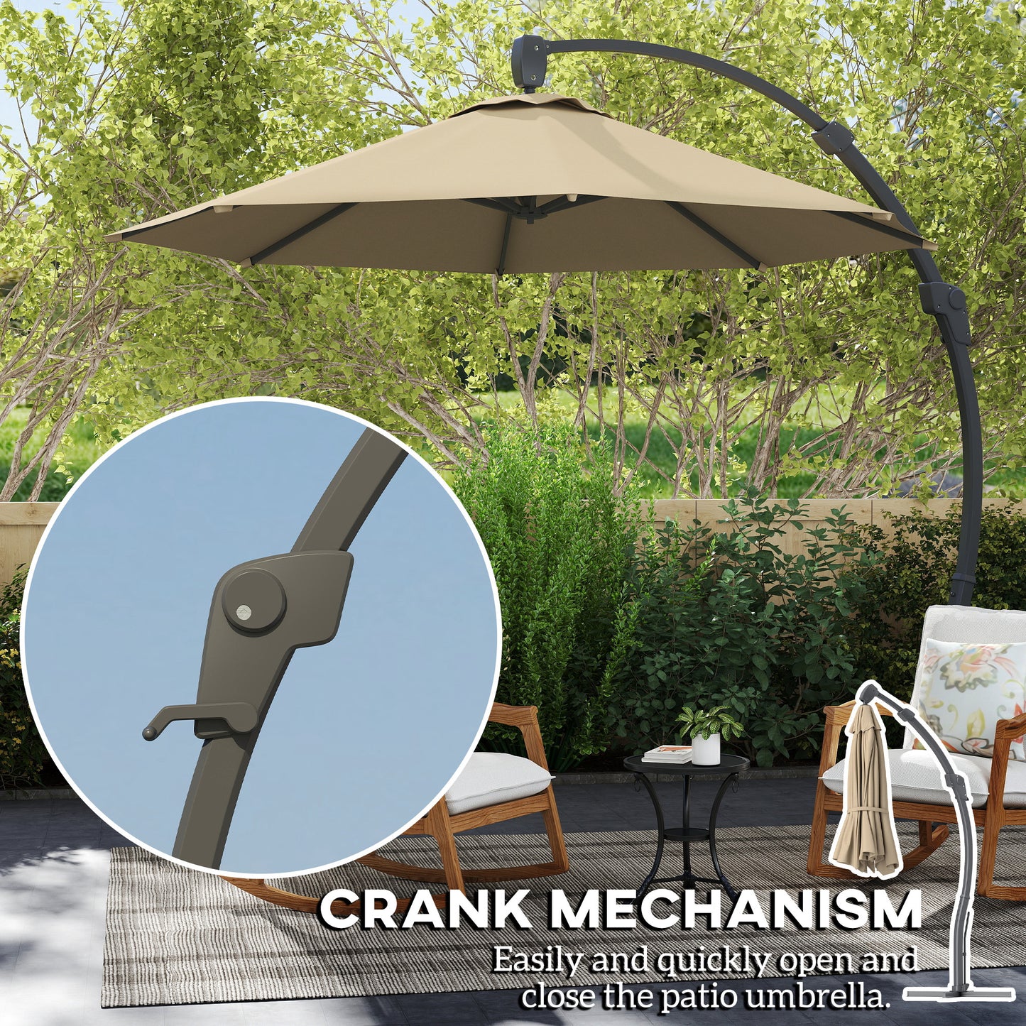 Outsunny 3M Garden Cantilever Parasol With Crank Round Umbrella Aluminium Frame Cross Base 360 Rotation Khaki