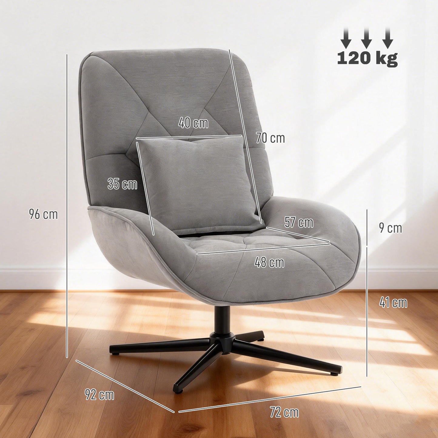 HOMCOM Chenille Accent Chair Swivel Armchair With Lumbar Pillow High Back Deep Seat Metal Legs Light Grey