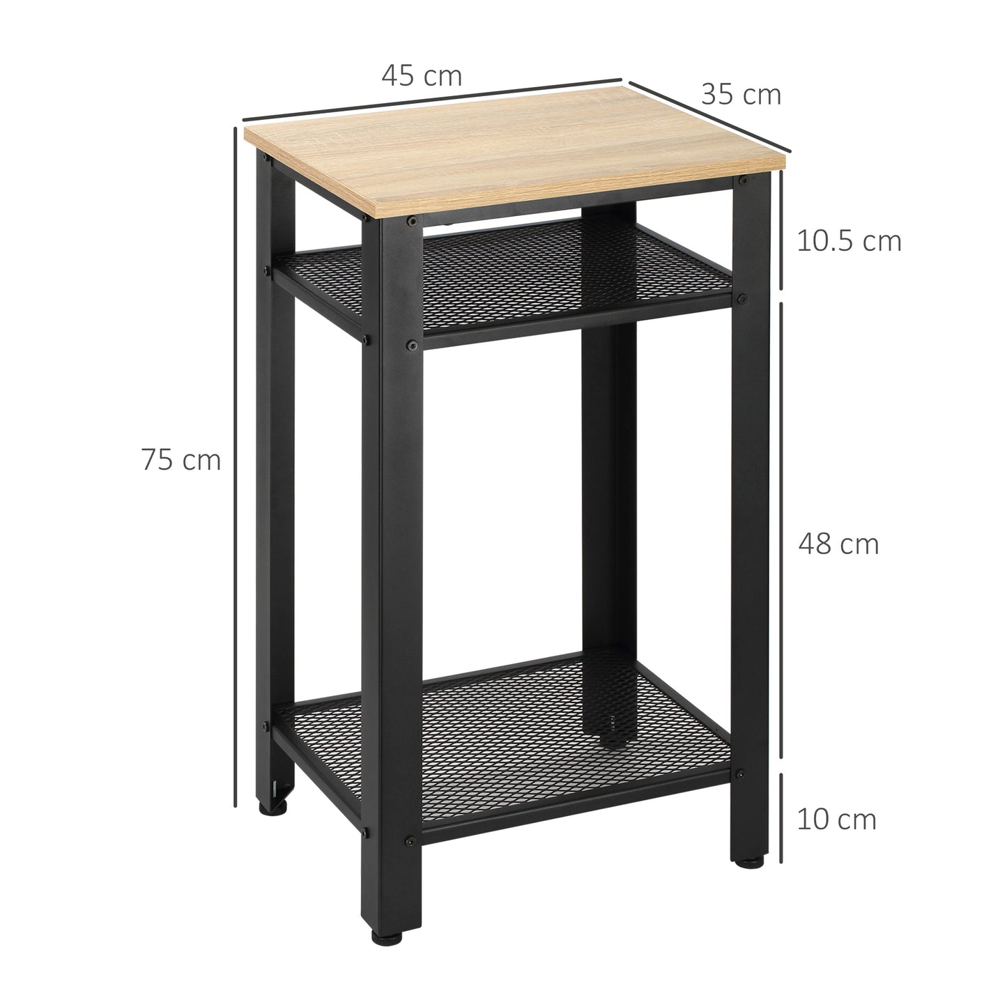 HOMCOM Tall Side Table Set Of 2 With 3 Levels And 2 Shelves Industrial Style Metal Frame Bedside End Tables Oak Black