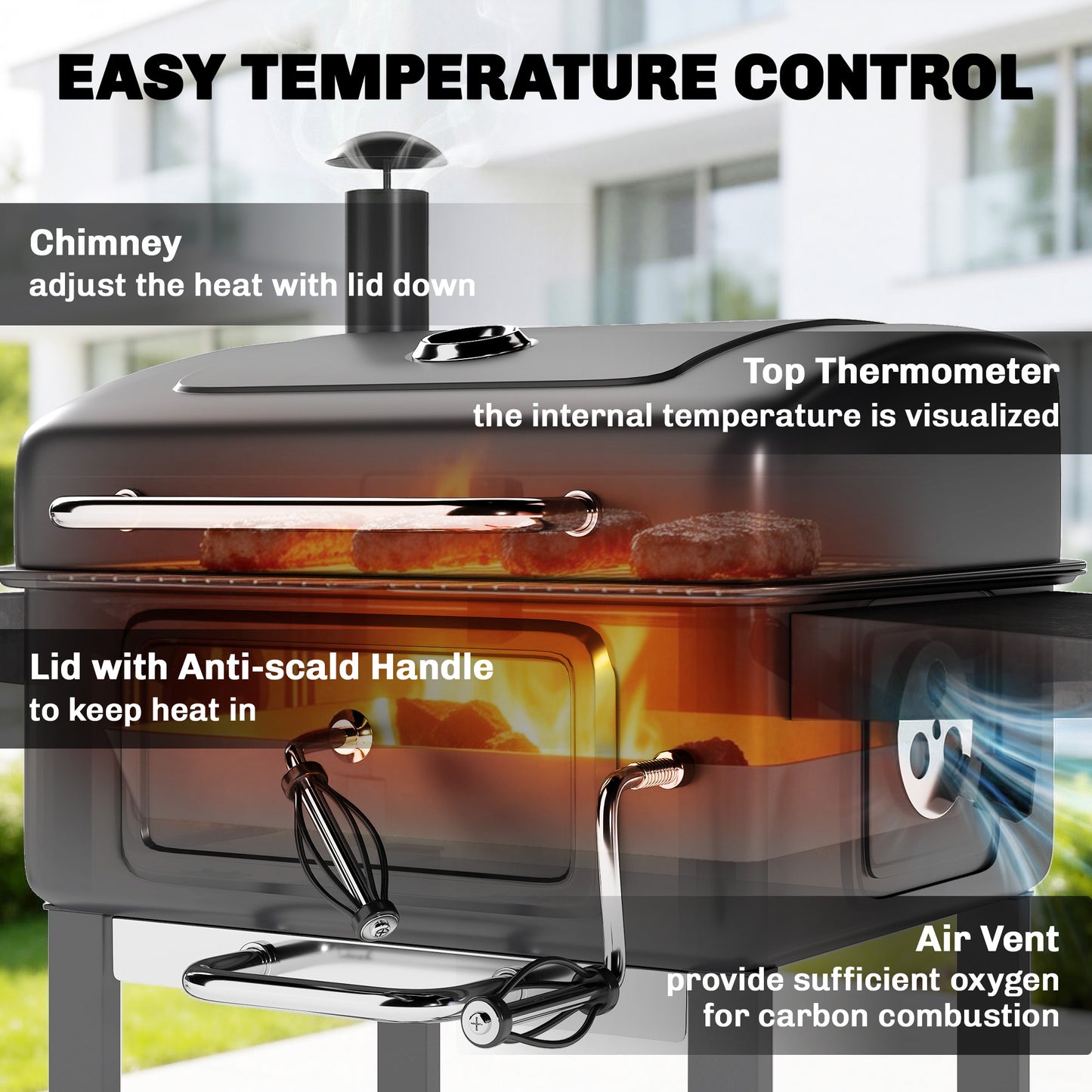 Outsunny Charcoal BBQ Grill With Adjustable Pan Large Outdoor Barbecue Smoker With Side Tables Temperature Control