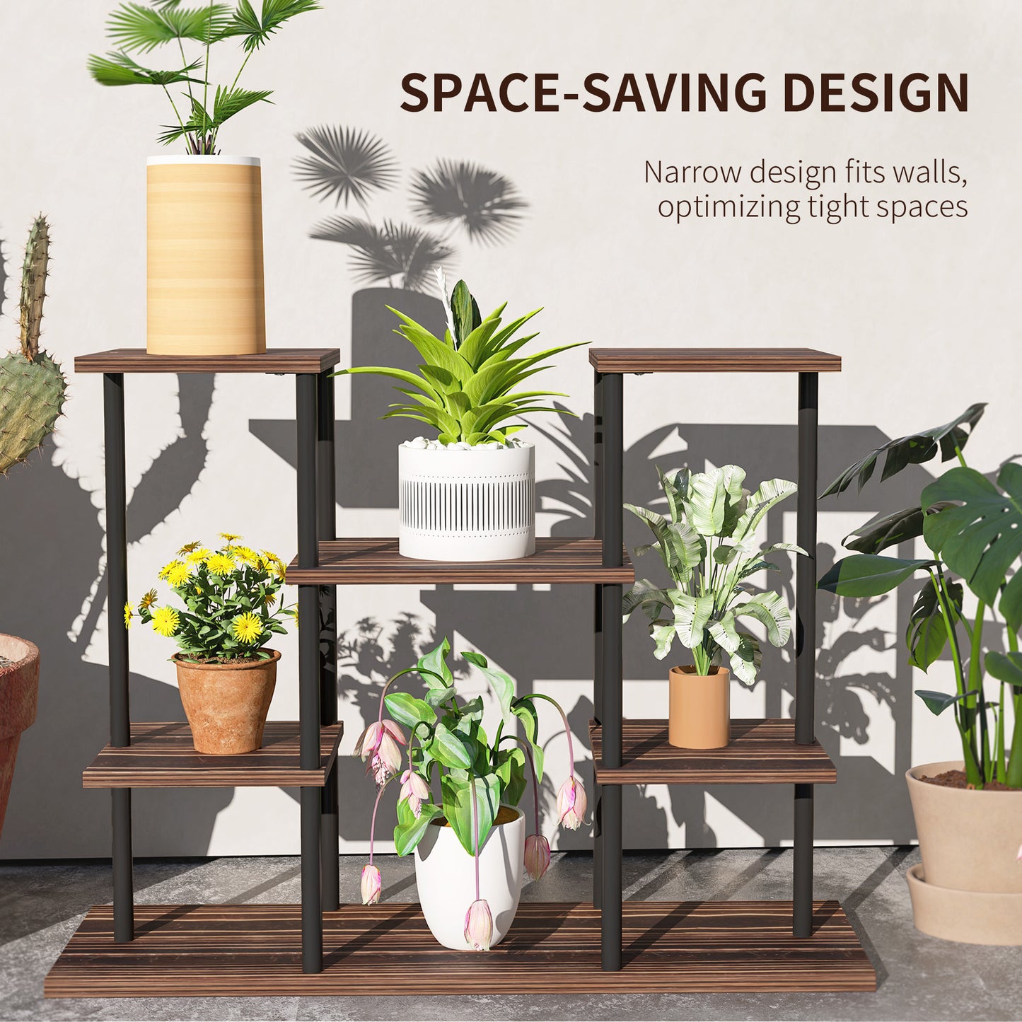 Outsunny Four Tier Wooden Plant Stand With Metal Frame For Indoor Plants And Shelving