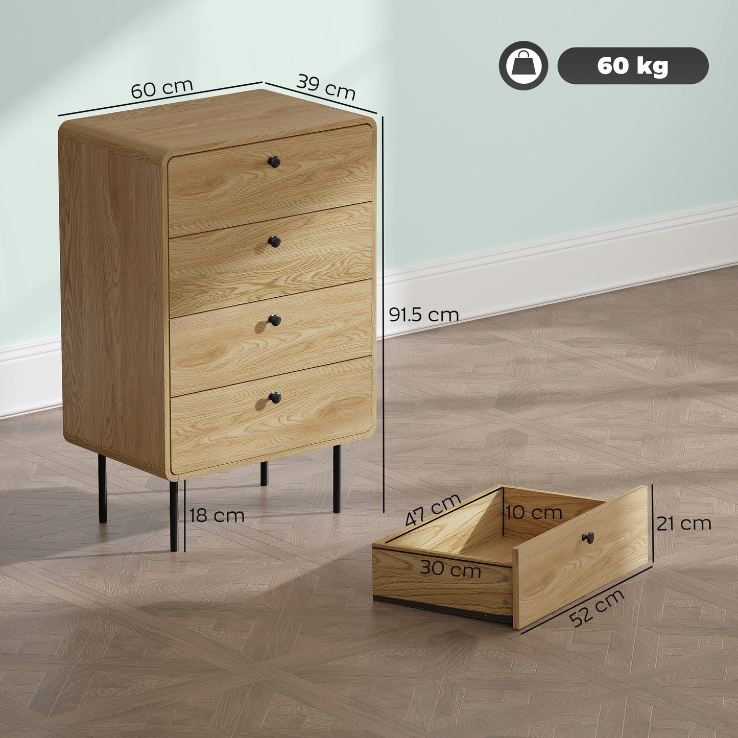 HOMCOM Modern Chest Of Drawers With Four Drawers Oak Finish Rounded Edges And Smooth Handles