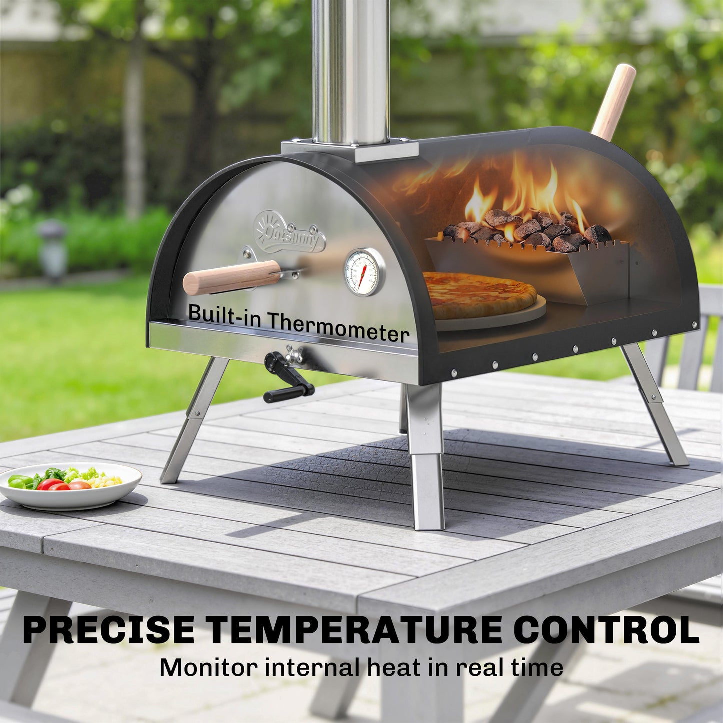 Outsunny Outdoor Pizza Oven With Foldable Legs Pellet Wood Fired 12 Inch Rotating Stone And Peel