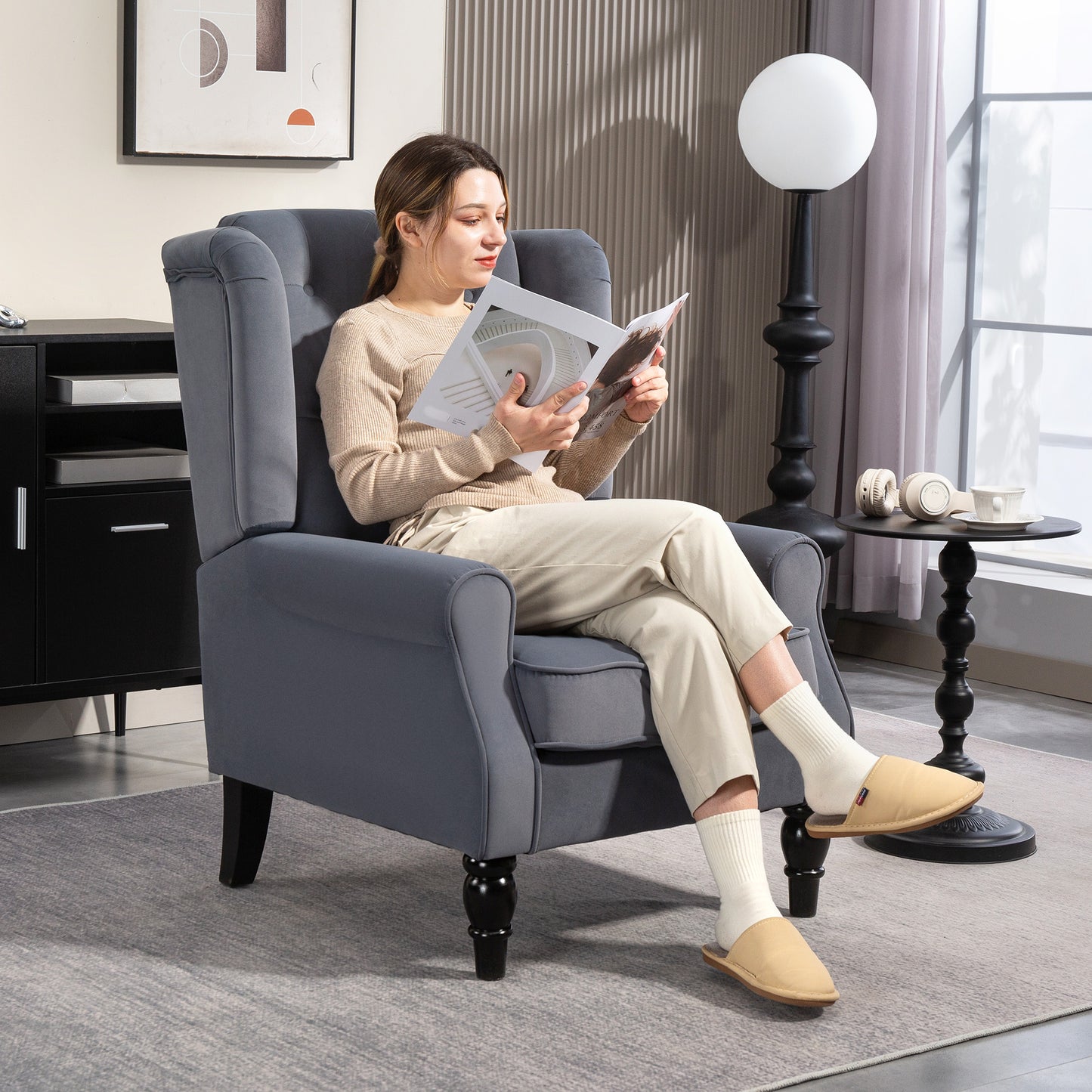 Homcom Wingback Accent Chair Grey Retro Upholstered Button Tufted Occasional Chair For Living Room And Bedroom