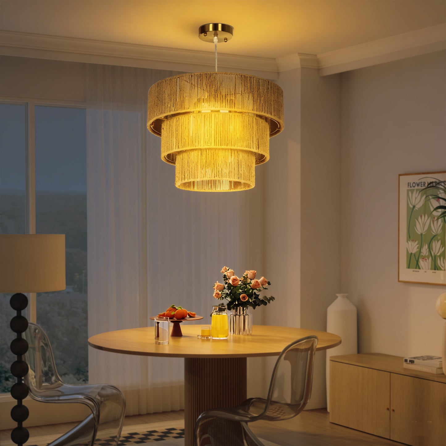 HOMCOM Hemp Rope Ceiling Light 3 Layer Boho Pendant With 4 E14 Fixtures For Living Room Bedroom Hallway Light Brown