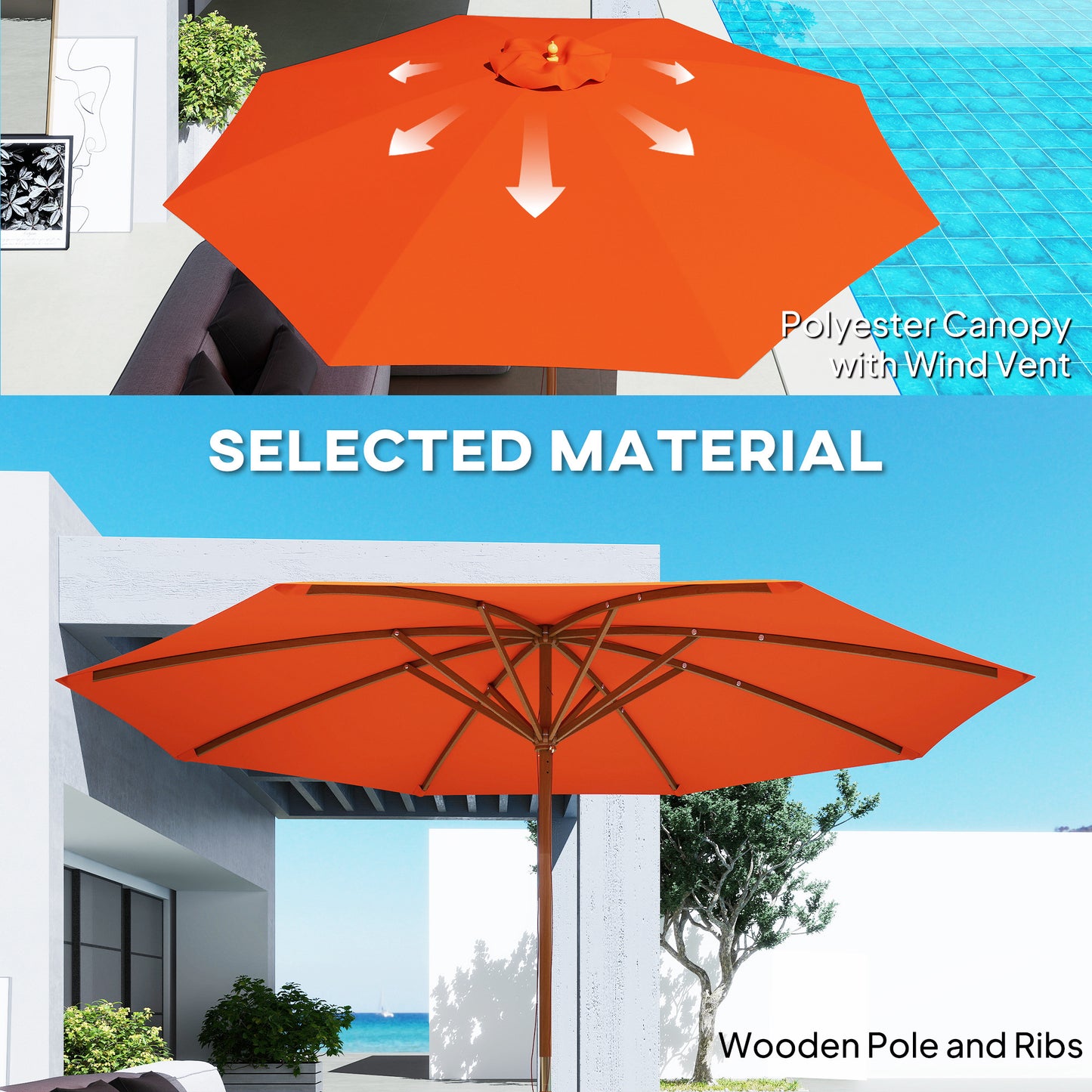 Outsunny 3m Wood Pole Parasol Umbrella Orange For Patio Garden With Vented Canopy And Adjustable Angle Three Positions