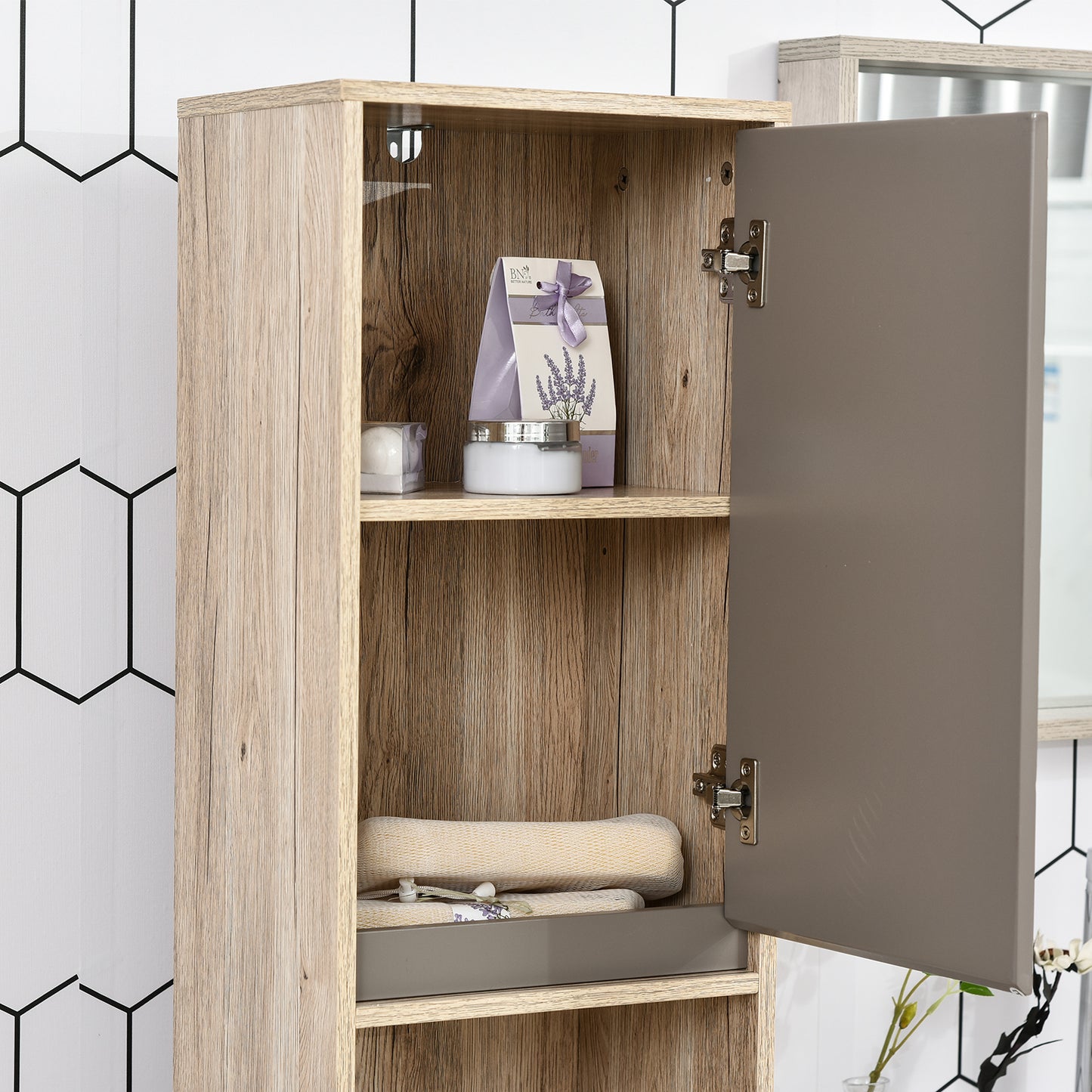 HOMCOM Slim Freestanding Bathroom Storage Cabinet with Dual Cupboards and Open Shelves, Grey and Oak Finish - ALL4U RETAILER LTD