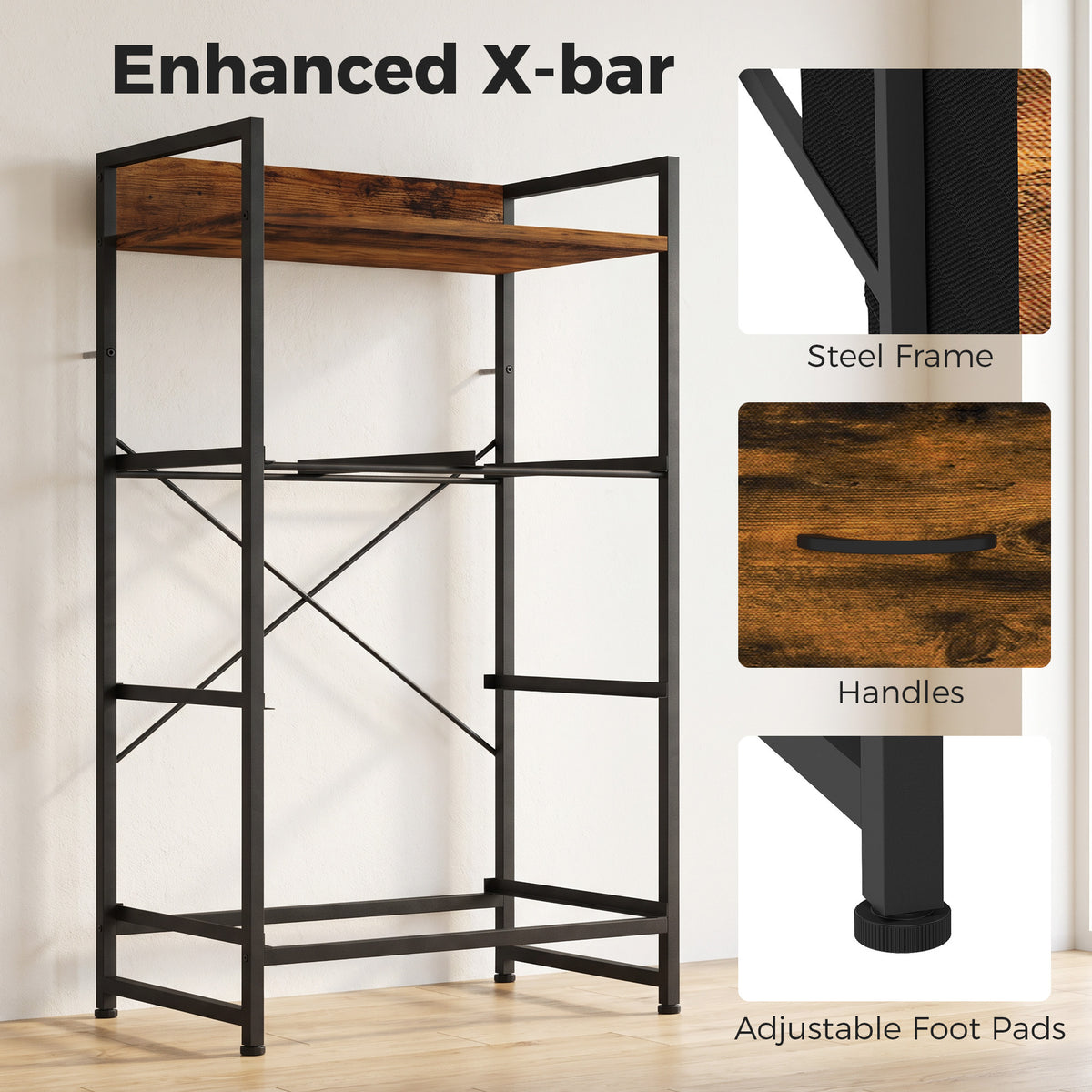 Rustic brown drawer dresser frame with steel crossbar, drawer handles, and adjustable feet