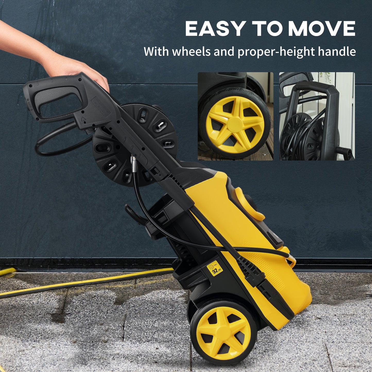Durhand 1800W Pressure Washer 150 Bar 510 L Per Hour Portable Jet Wash With 6m Hose Reel For Garden Car Furniture Yellow