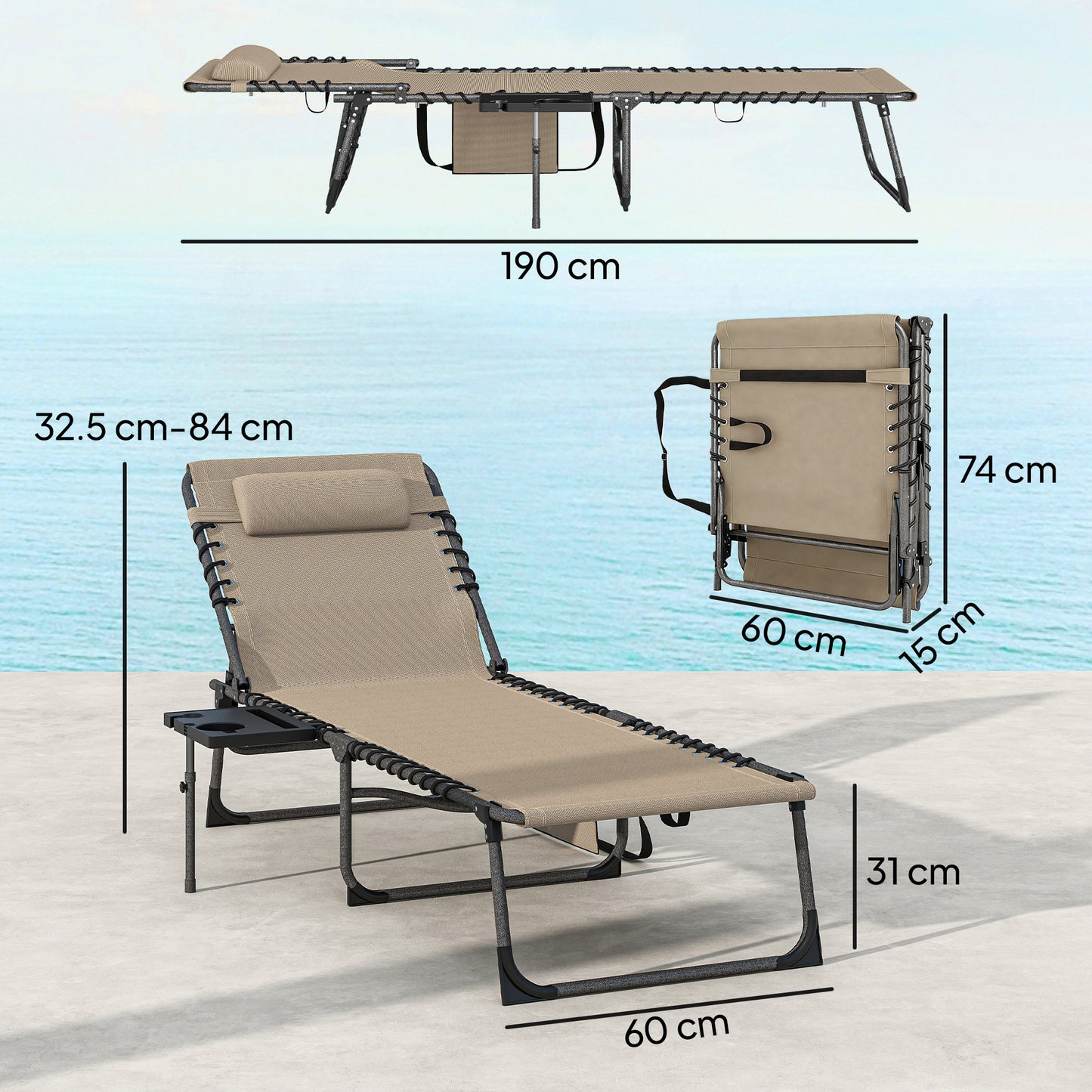 Outsunny Five Position Reclining Sun Loungers Set of 2 Beige Outdoor Lounge Chairs