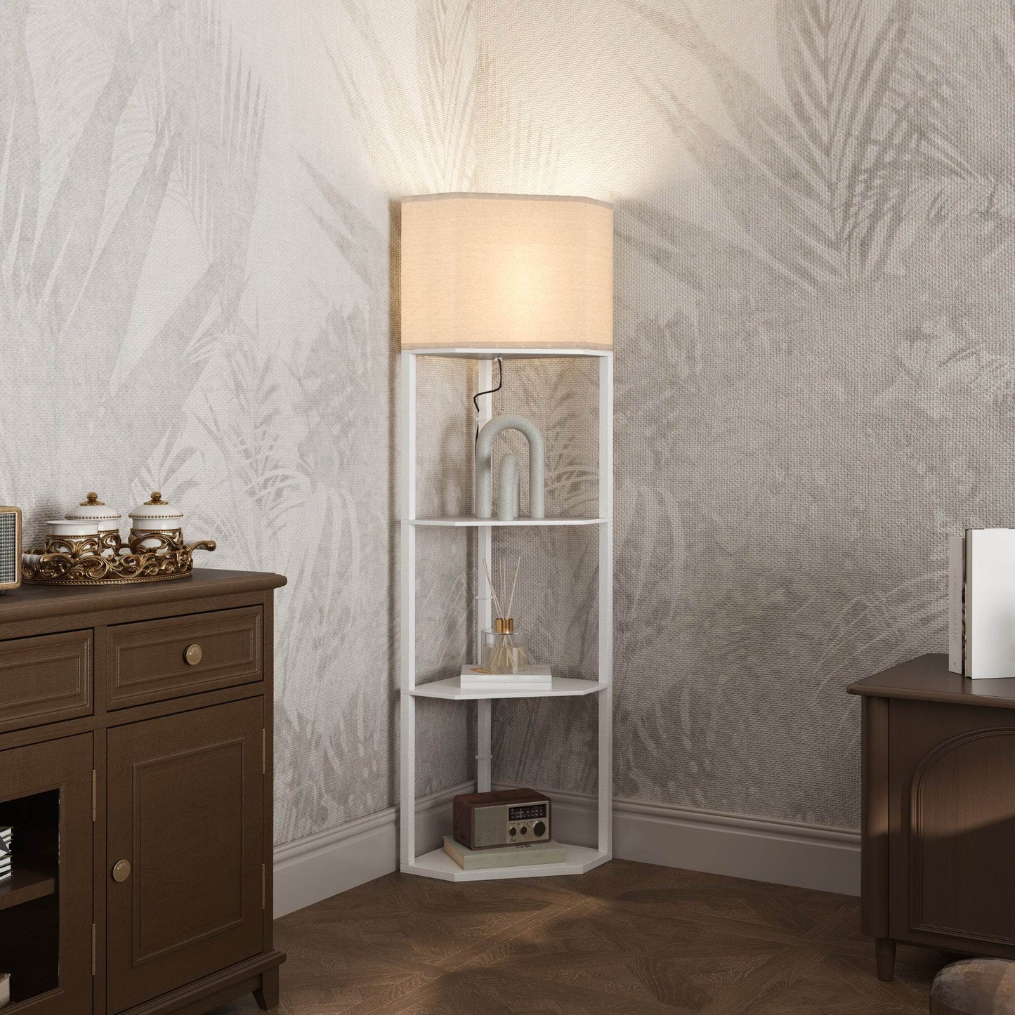 HOMCOM Triangular Corner Floor Lamp with Shelving, Stylish Tall Light for Living Spaces, Pull Chain Operation, White Finish - ALL4U RETAILER LTD