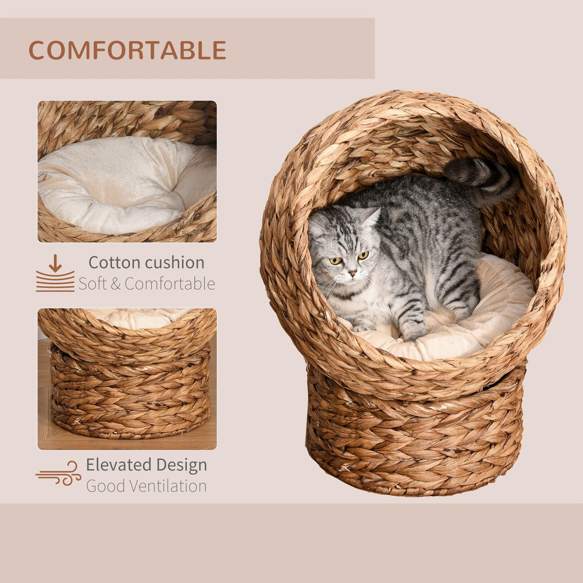 PawHut Wicker Cat Bed with Washable Cushion, Brown, 42x33x52 cm - ALL4U RETAILER LTD