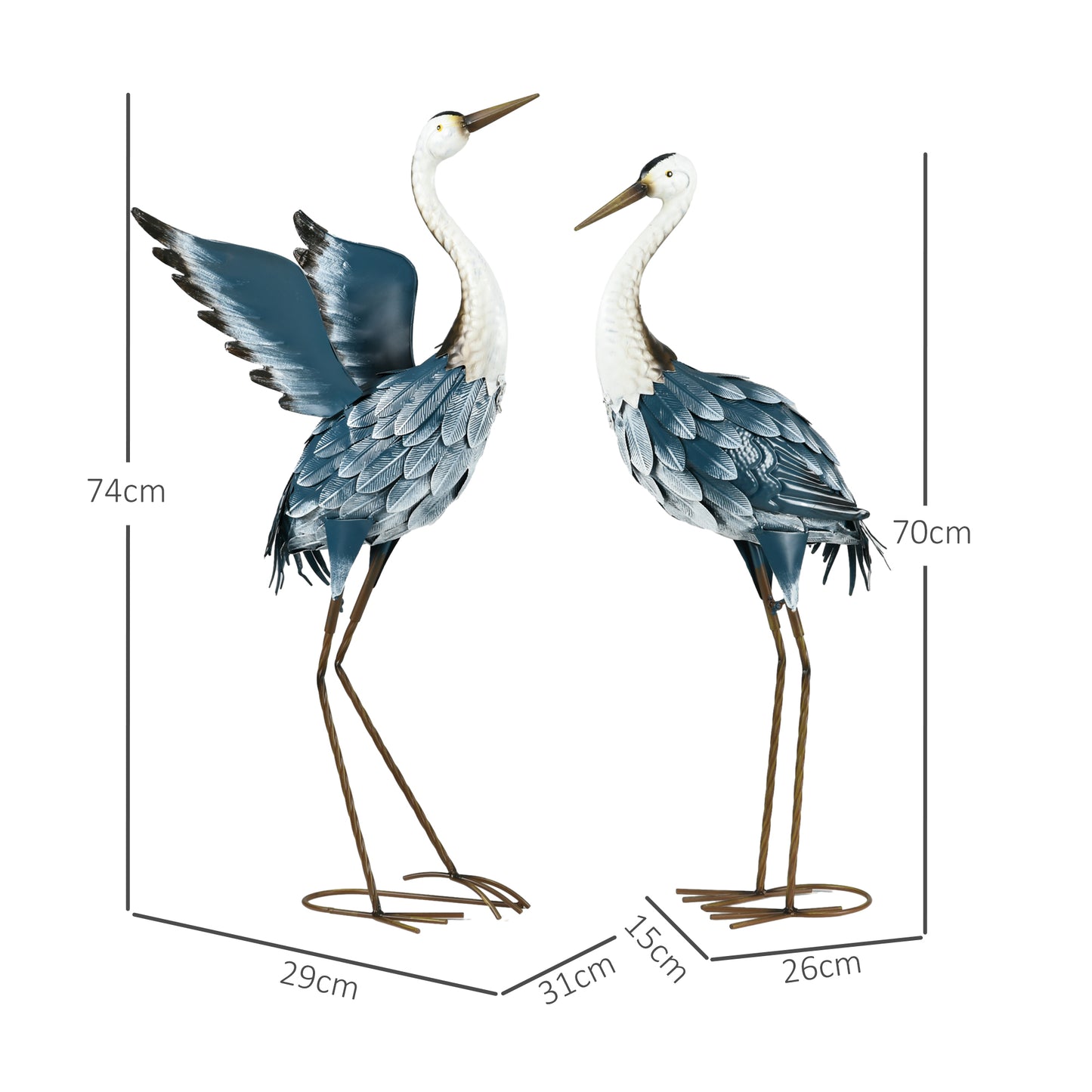 Outsunny Blue And White Heron Garden Statues Set Of Two Standing Metal Ornaments With Stakes For Outdoor Decor