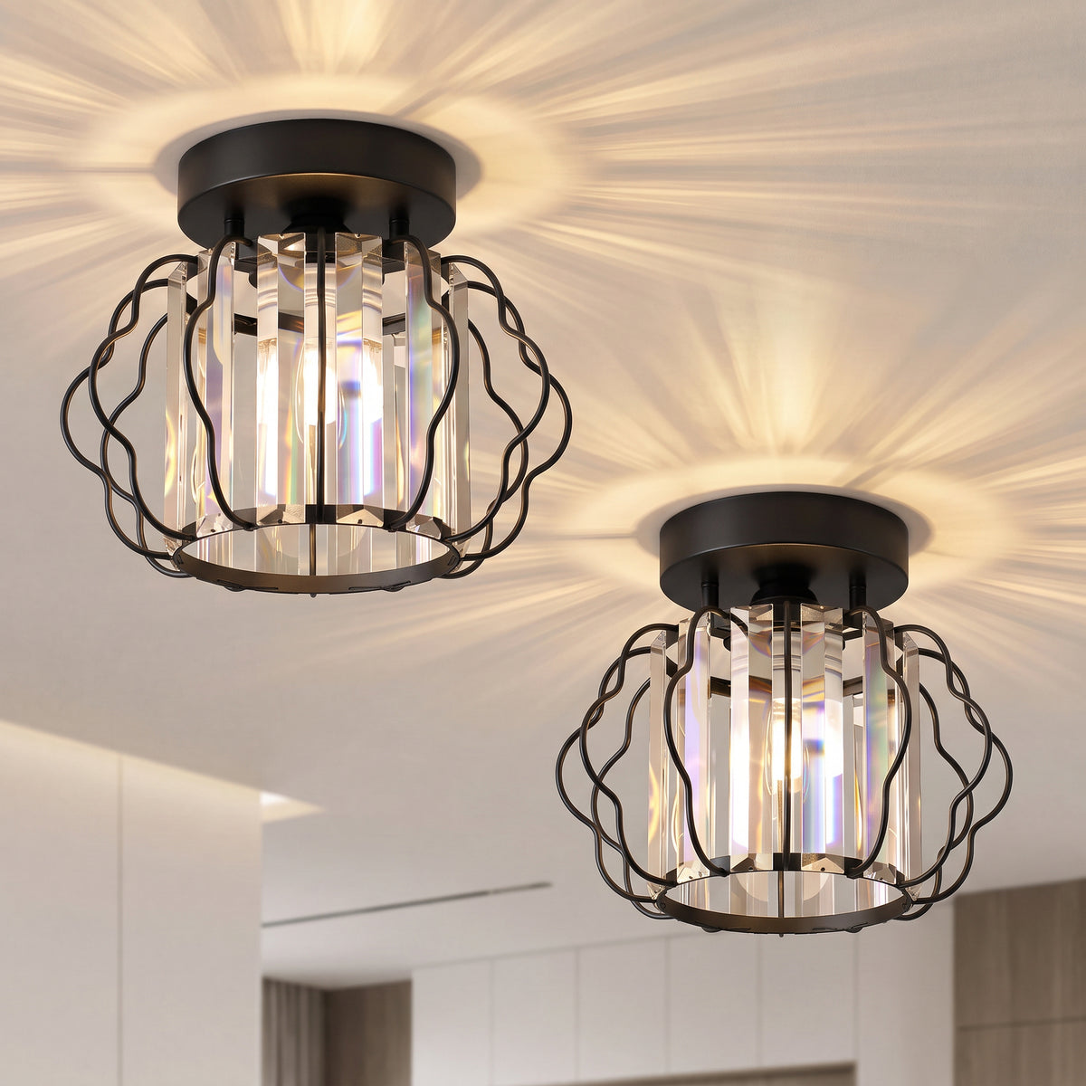 Two black semi-flush mount ceiling lights with clear crystal bars and glowing bulbs