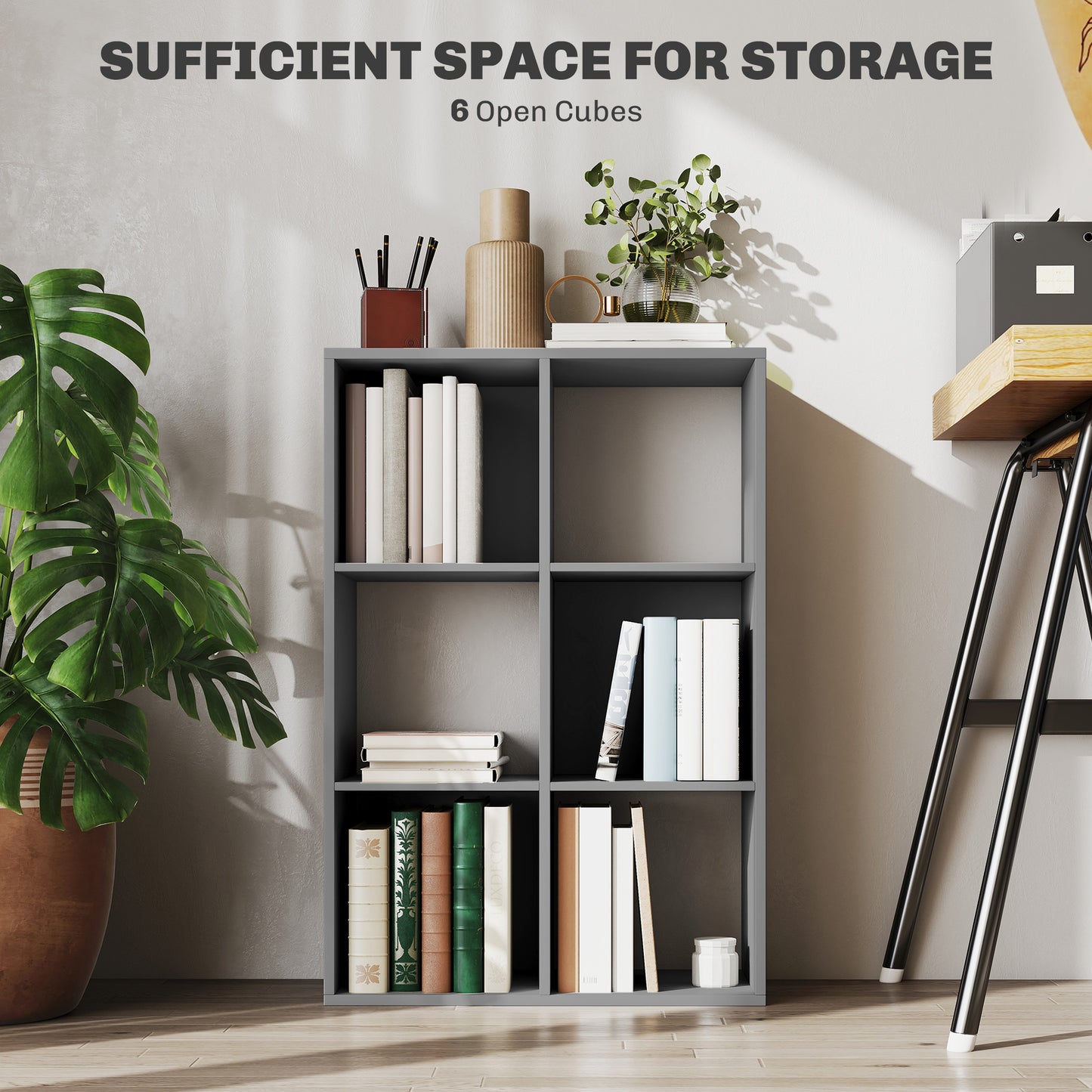 HOMCOM Six Cube Bookshelf In Light Grey Durable Particle Board Storage Organizer For Home Office Living Room