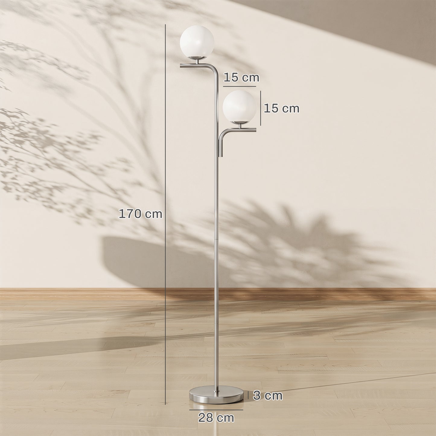 HOMCOM LED Floor Lamp Modern Standing Lamp With Three Color Temperatures Globe Glass Shades Foot Switch Silver Tone