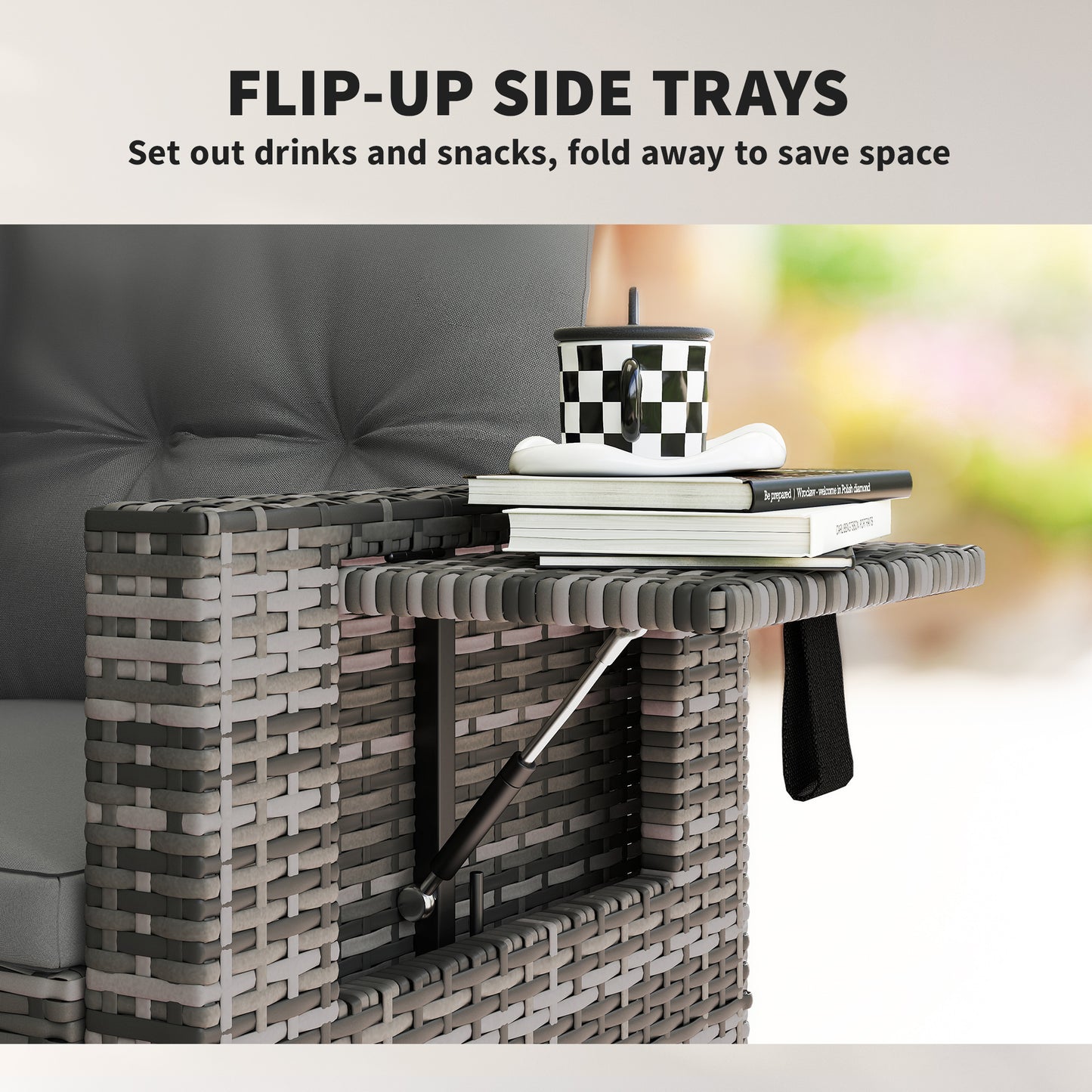 Outsunny 2 Seater Rattan Sofa With Hidden Side Trays And Cushions Converts To Two Chairs Patio Balcony Dark Grey