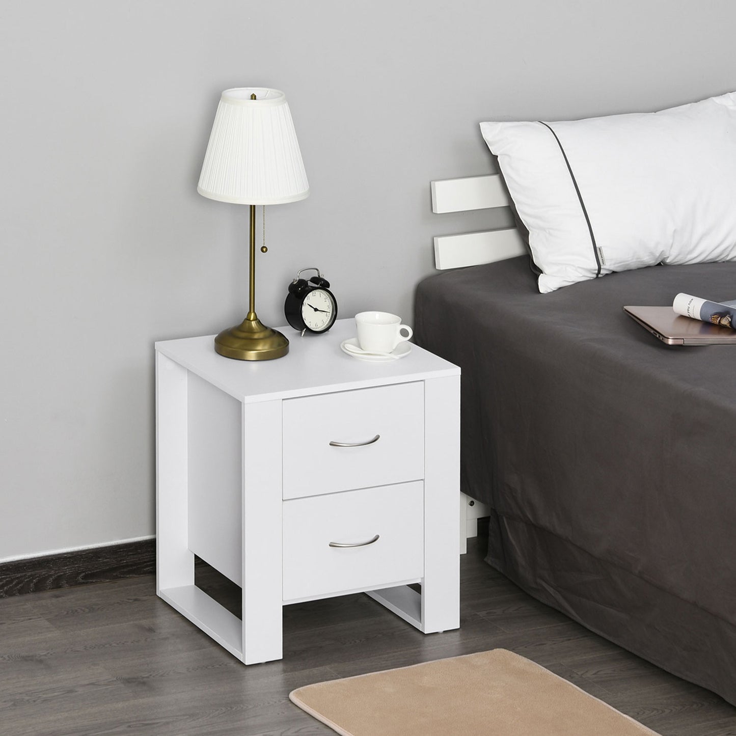 HOMCOM Bedside Table Set Of 2 With 2 Drawers And Handles Elevated Base White Melamine Finish