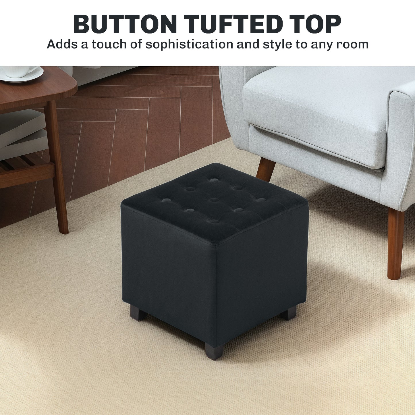 HOMCOM Velvet Feel Square Ottoman Grey Footstool Pouffe 35cm Square Compact Soft Velvet Finish