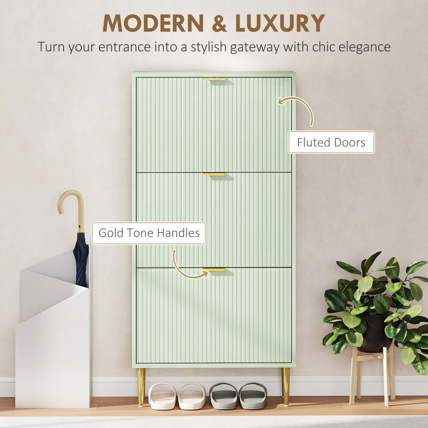 HOMCOM Elegant Three Drawer Shoe Cabinet Light Green With Ridged Front Doors And Gold Tone Details