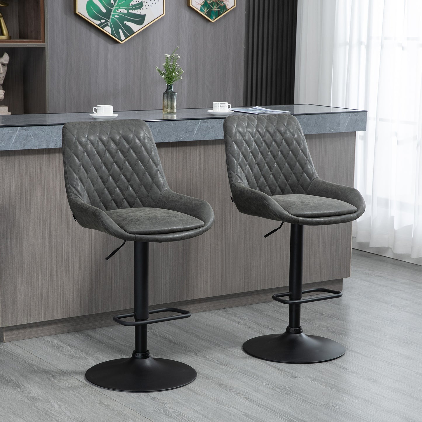 HOMCOM Adjustable Retro Bar Stool Set for Kitchen Dining, Upholstered Swivel Chairs with Backrest in Dark Grey - ALL4U RETAILER LTD