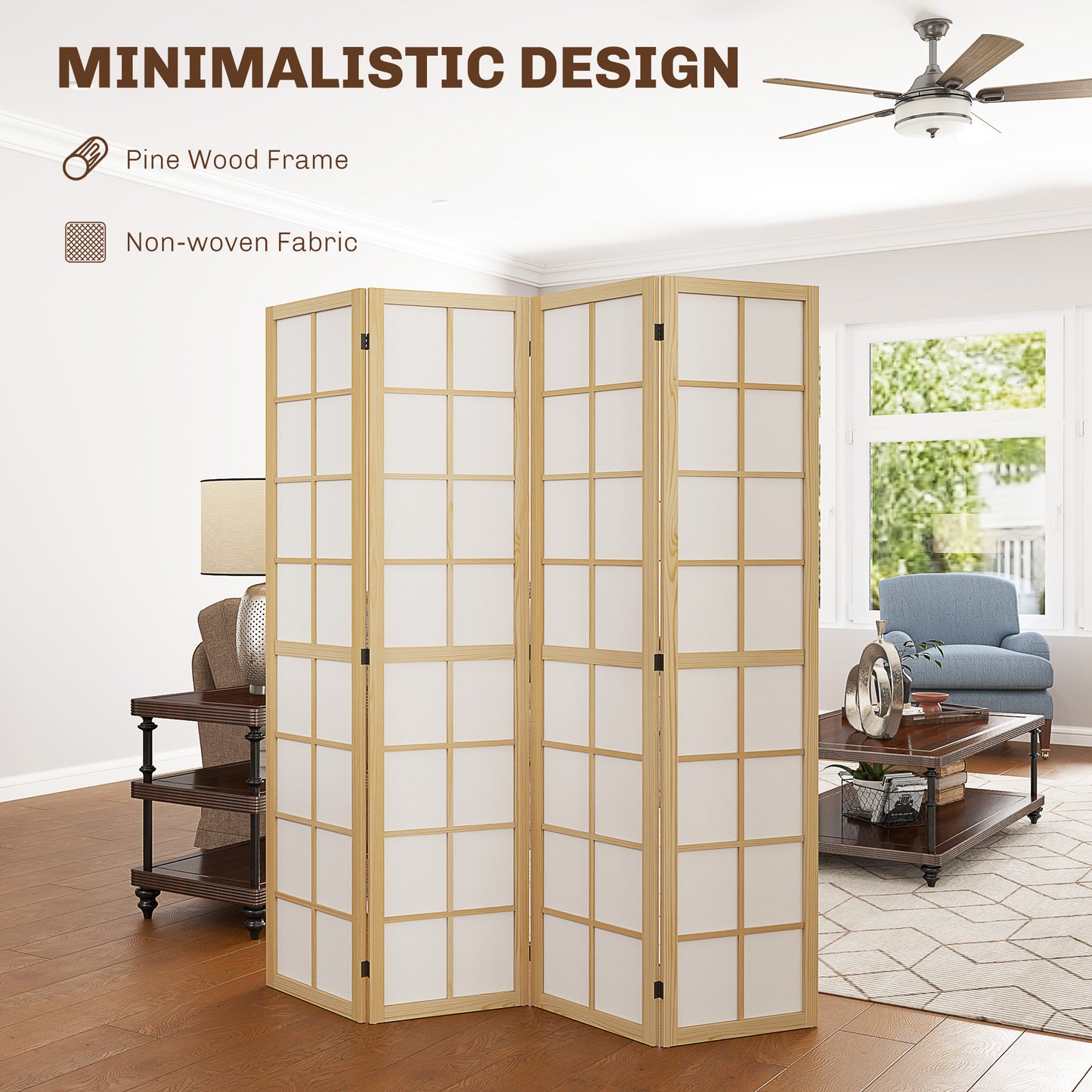 HOMCOM Four Panel Folding Room Divider Freestanding Privacy Screen 160 x 170 cm for Living Room and Bedroom