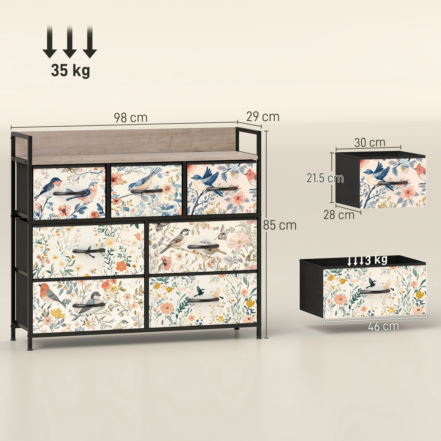 HOMCOM Seven Drawer Fabric Chest Of Drawers In White With Patterned Panels For Bedroom Organization