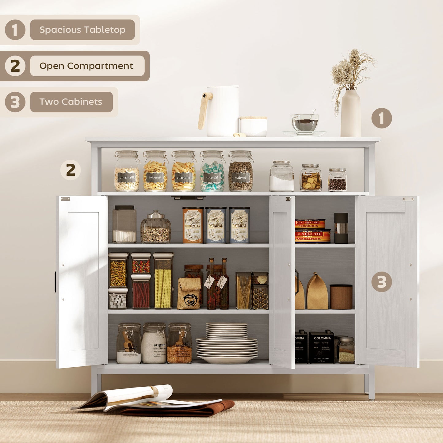HOMCOM Industrial Kitchen Sideboard With Open Shelf And Two Cabinets, Adjustable Shelves Living Room Dining Room White