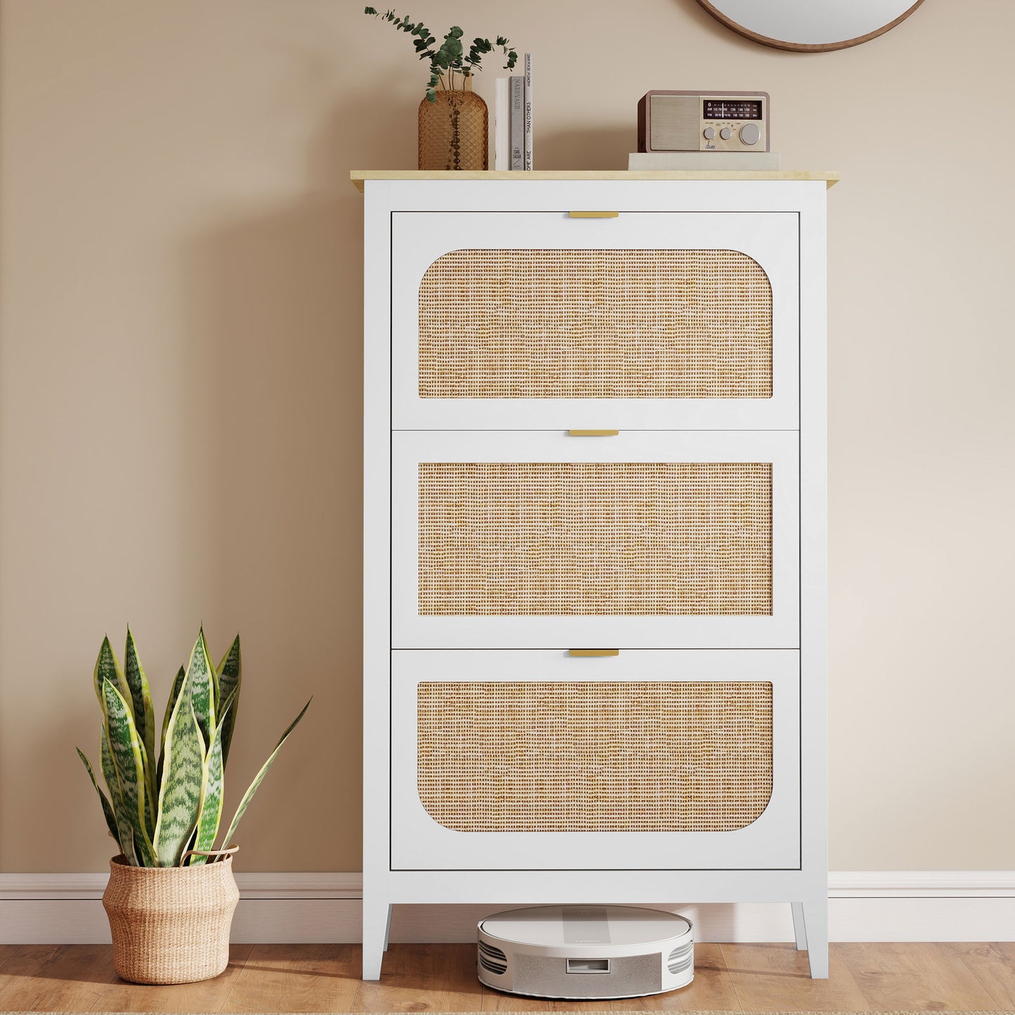 HOMCOM Narrow Shoe Cabinet Boho Slim Shoe Storage With 3 Flip Drawers Holds 21 Pairs White