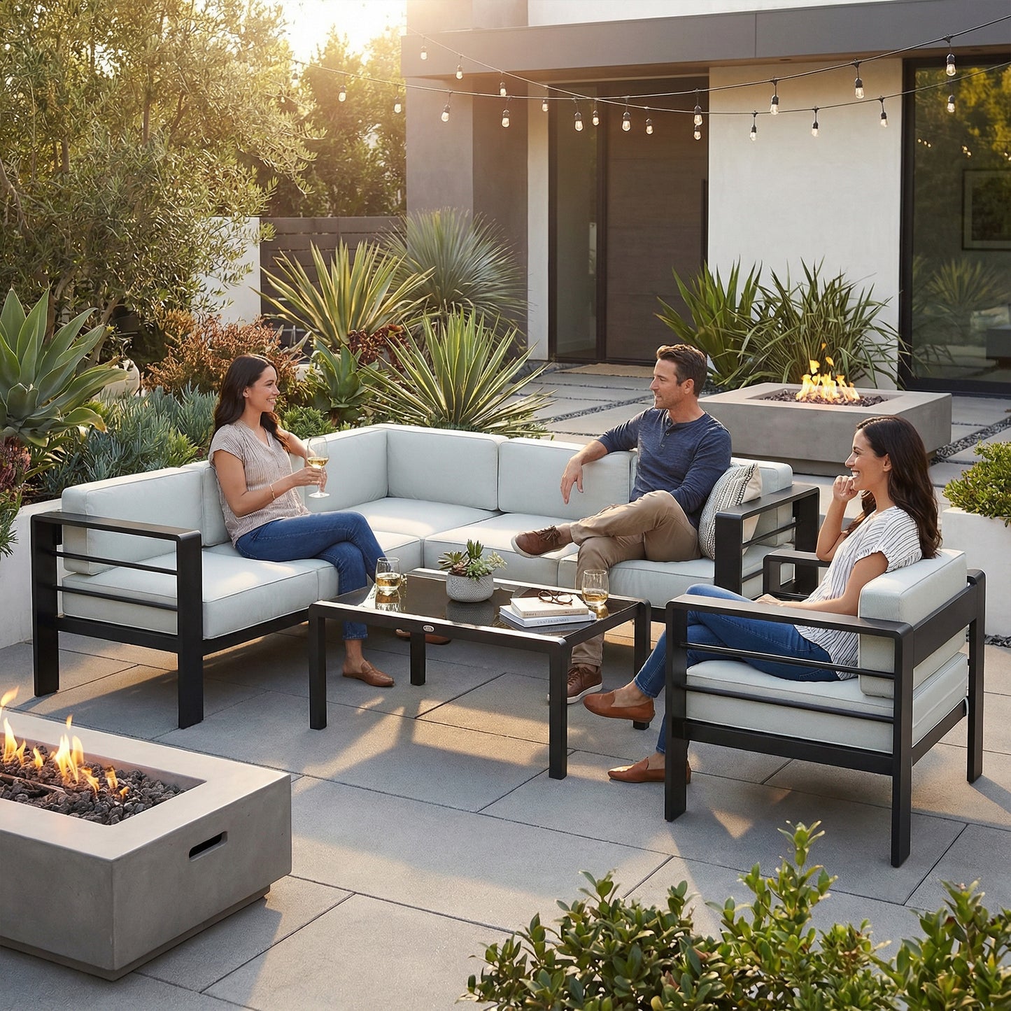 Outsunny 5-Piece Garden Corner Sofa Set With Cushions 6 Seater Aluminium Furniture Set With Coffee Table Light Grey