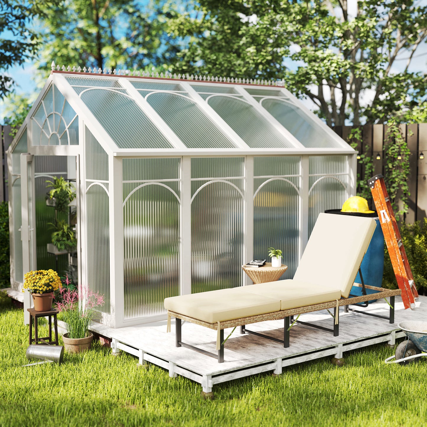 Outsunny Single Folding Rattan Sun Lounger With Cushion Grey Adjustable Back Powder Coated Steel Frame