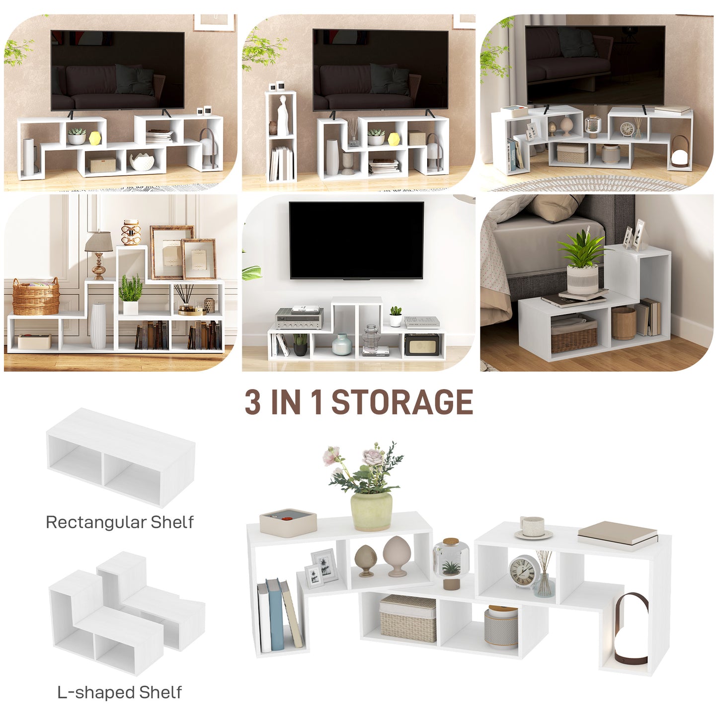 HOMCOM Three Block Modular TV Stand White Wood Effect With Six Shelves For Up To 75 Inch Screens