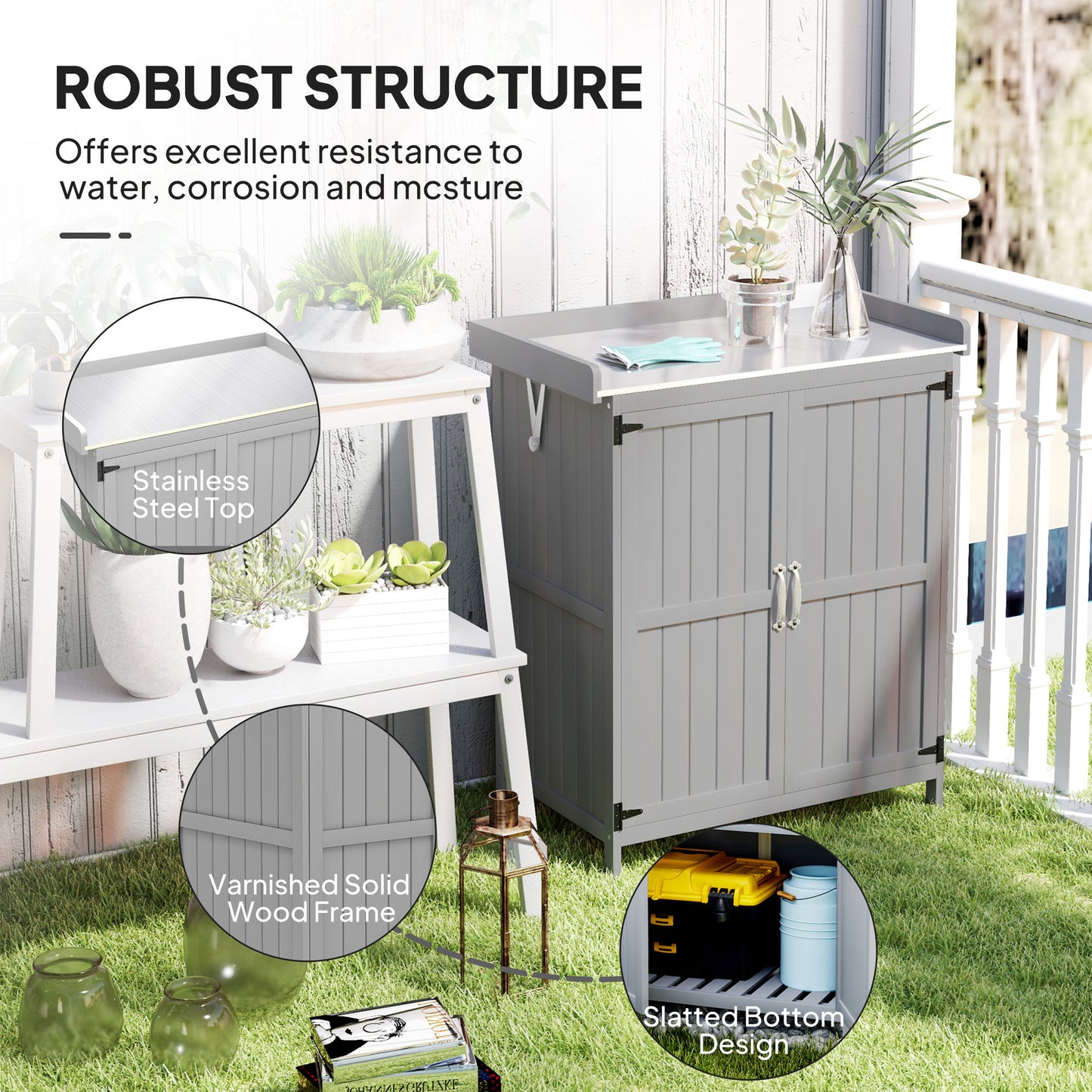 Outsunny Wooden Garden Shed With Hinged Roof And Shelf Outdoor Garden Tool Storage Cabinet With Double Doors Grey