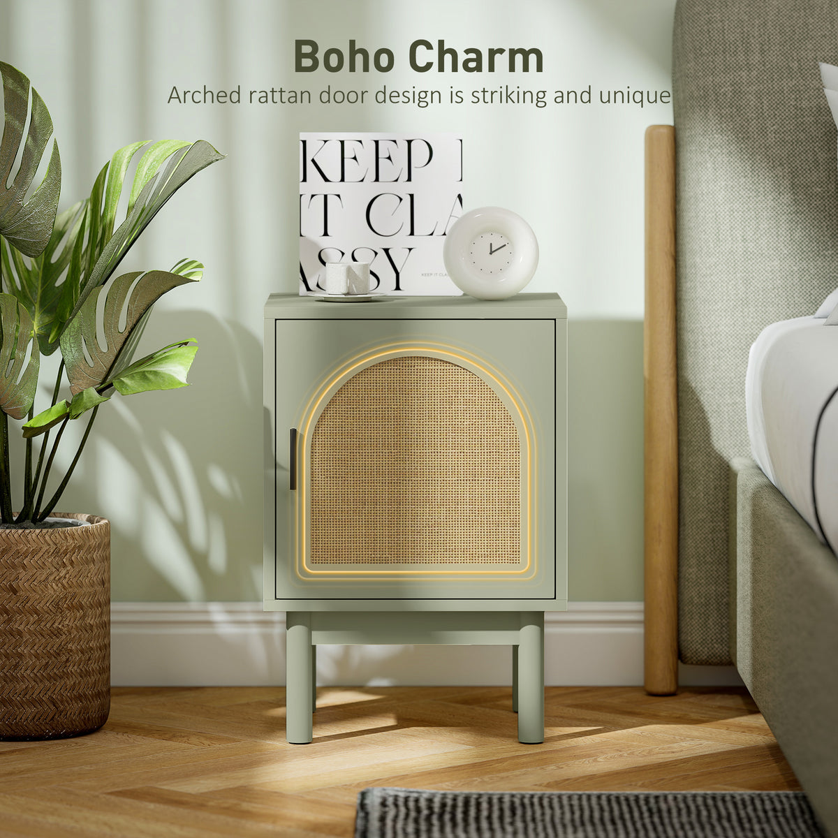 HOMCOM 2 Piece Rattan Bedside Table Set Light Green With Adjustable Shelf