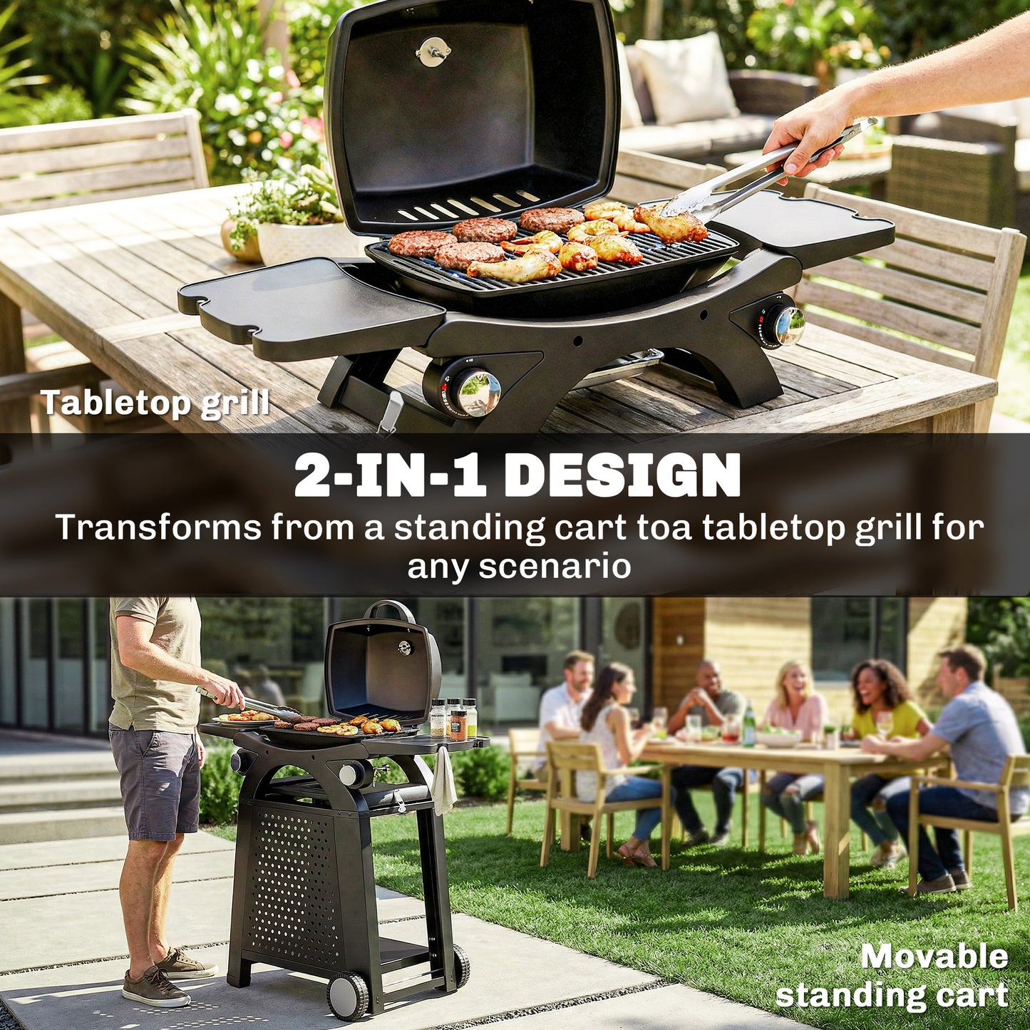 Outsunny 2 Burner Gas Grill With Side Tables And Cast Iron Grates, 3.8 KW Portable Tabletop BBQ With Wheels