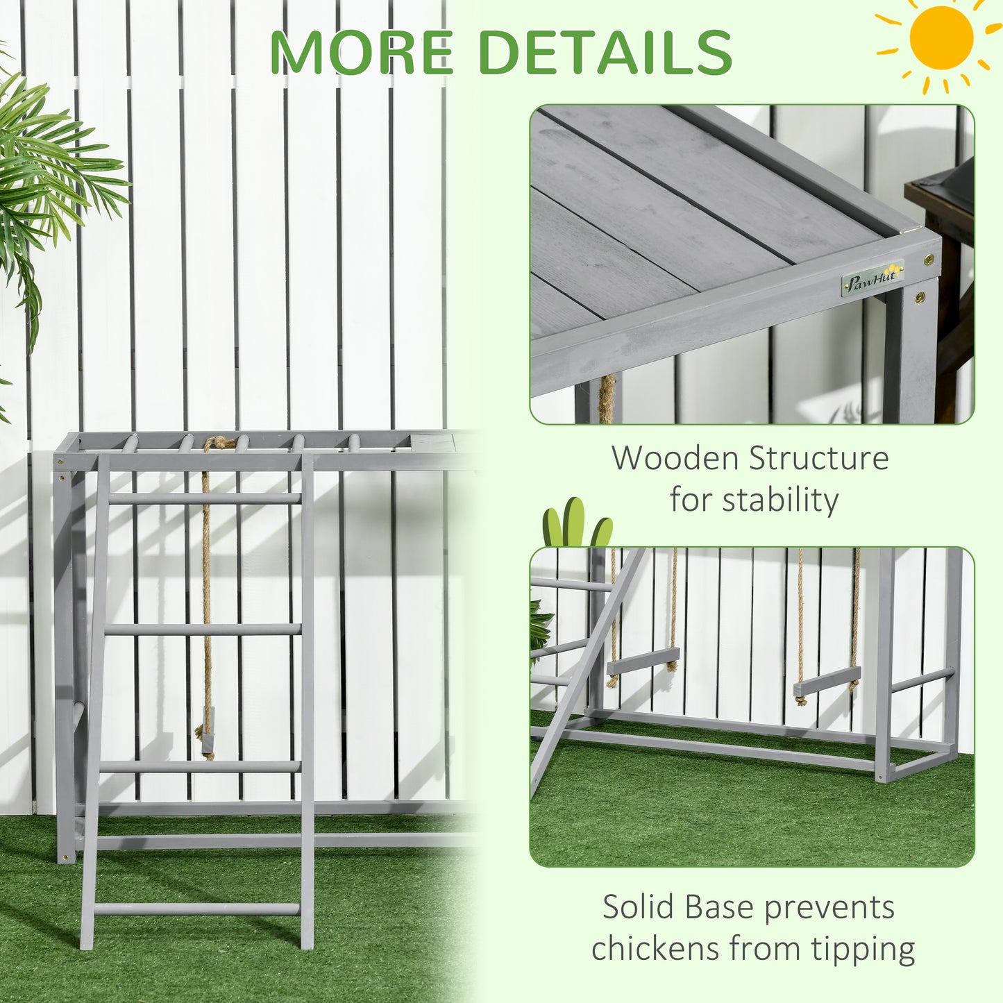 PawHut Wooden Chicken Coop Play Area with Swings for 3-4 Birds - Outdoor Hen House in Grey - ALL4U RETAILER LTD