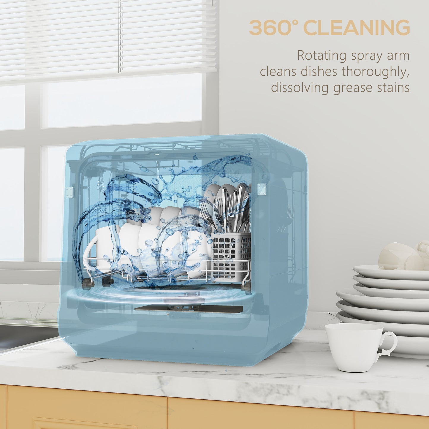 HOMCOM Table Top Dishwasher With Built In 6L Water Tank Mini Countertop 6 Programs 4 Place Settings Black