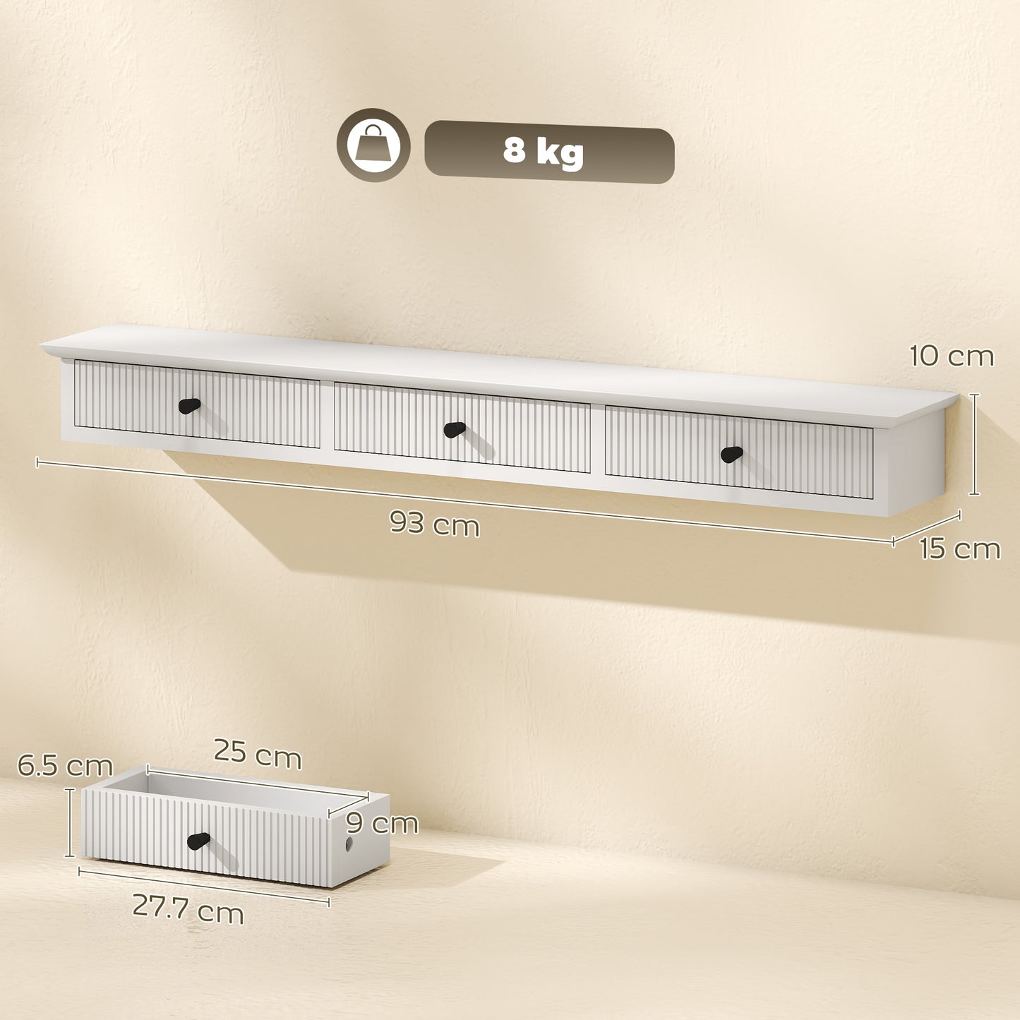 White Wall Mounted Storage Shelf Unit With Drawers MDF