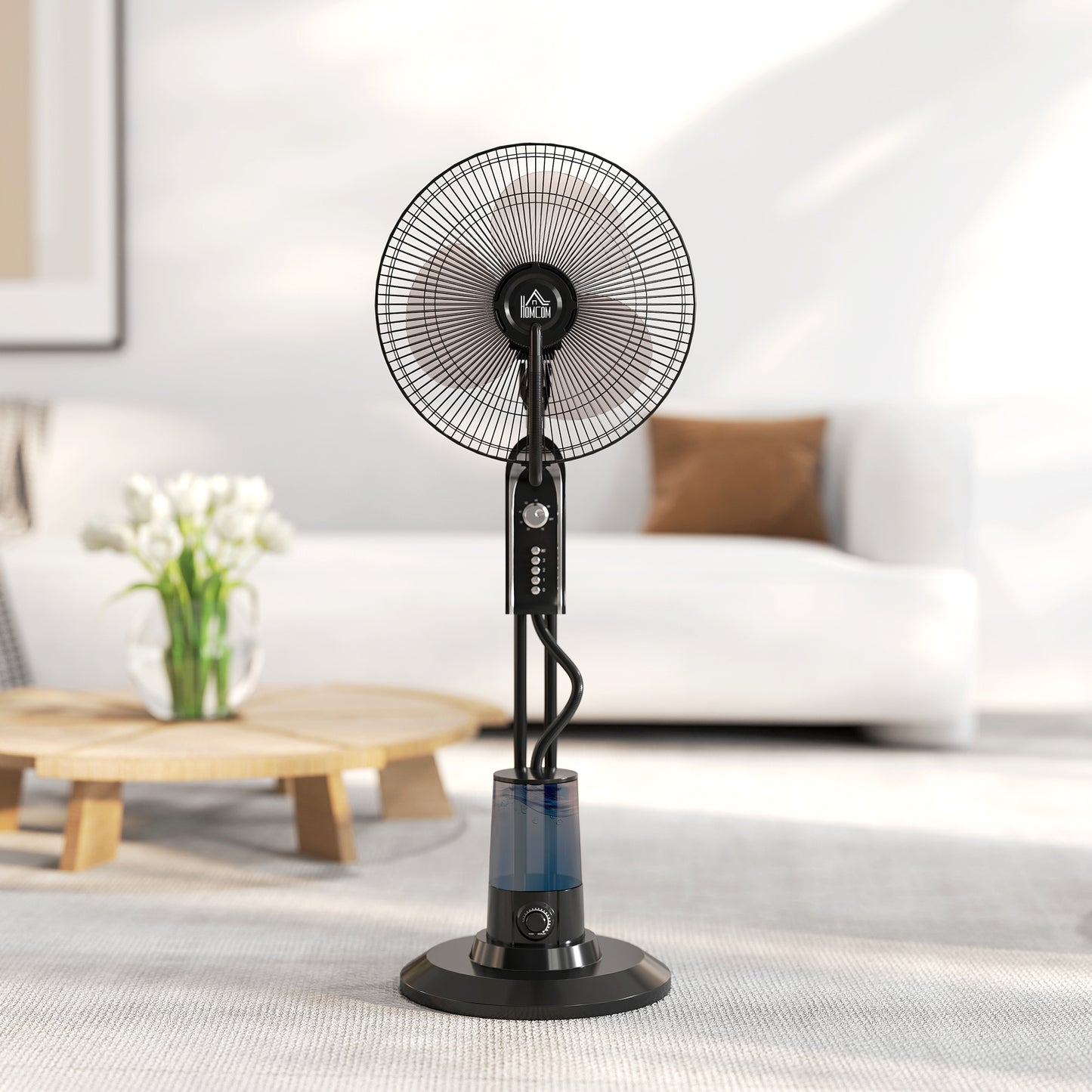 HOMCOM Pedestal Fan With Water Mist Spray 3 Speed Oscillating Misting Fan 70 Degree Tilt Head 3.2L Tank Home Use 120 cm