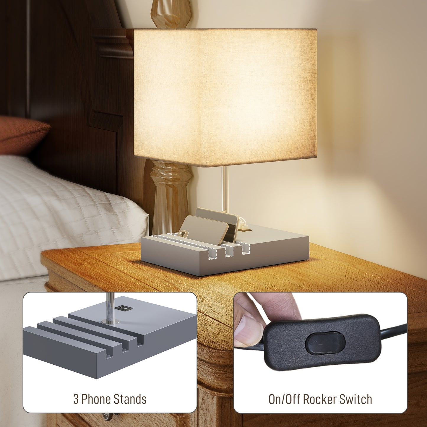 HOMCOM Bedside Lamp With USB A And USB C Ports Three Phone Stands E27 Socket Solid Wood Base Fabric Shade Grey