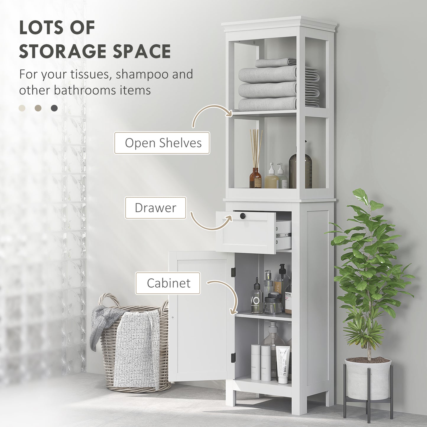 HOMCOM Tall Slim Bathroom Cabinet With Two Open Shelves Soft Close Door And Drawer Adjustable Shelf White