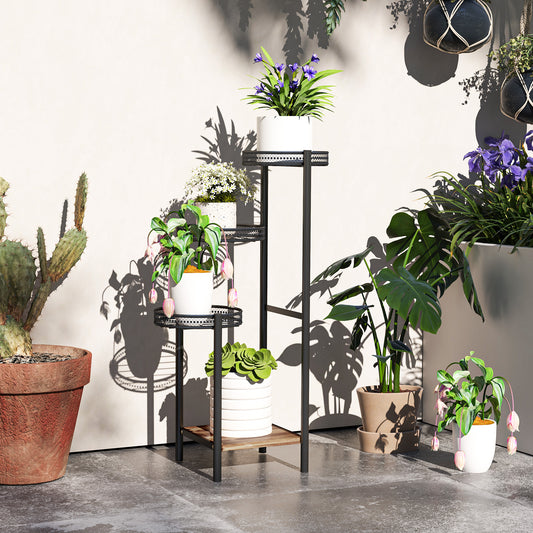 Outsunny Four Tier Steel Plant Stand Black Indoor Outdoor Rust Resistant With Three Planter Trays