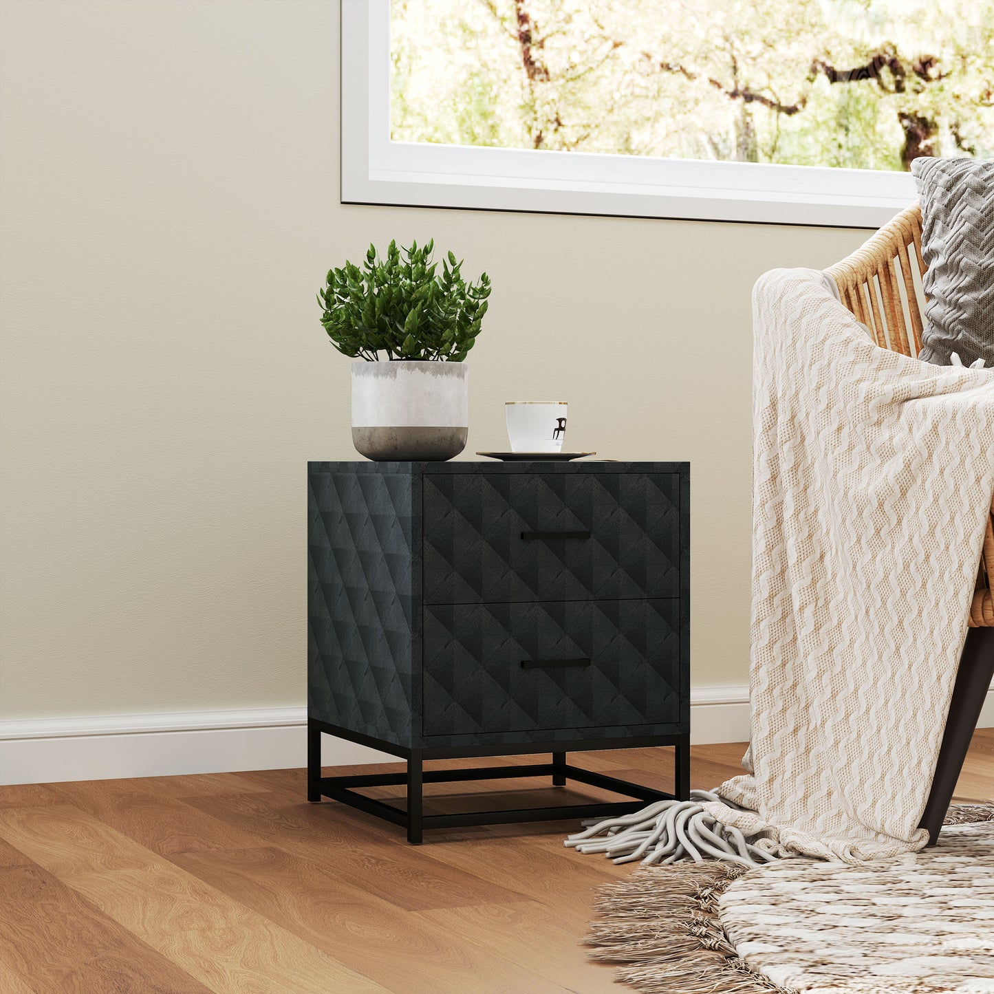 HOMCOM Bedside Tables Set of 2 Modern Nightstands With 2 Drawers Diamond Pattern Veneer Black Steel Legs